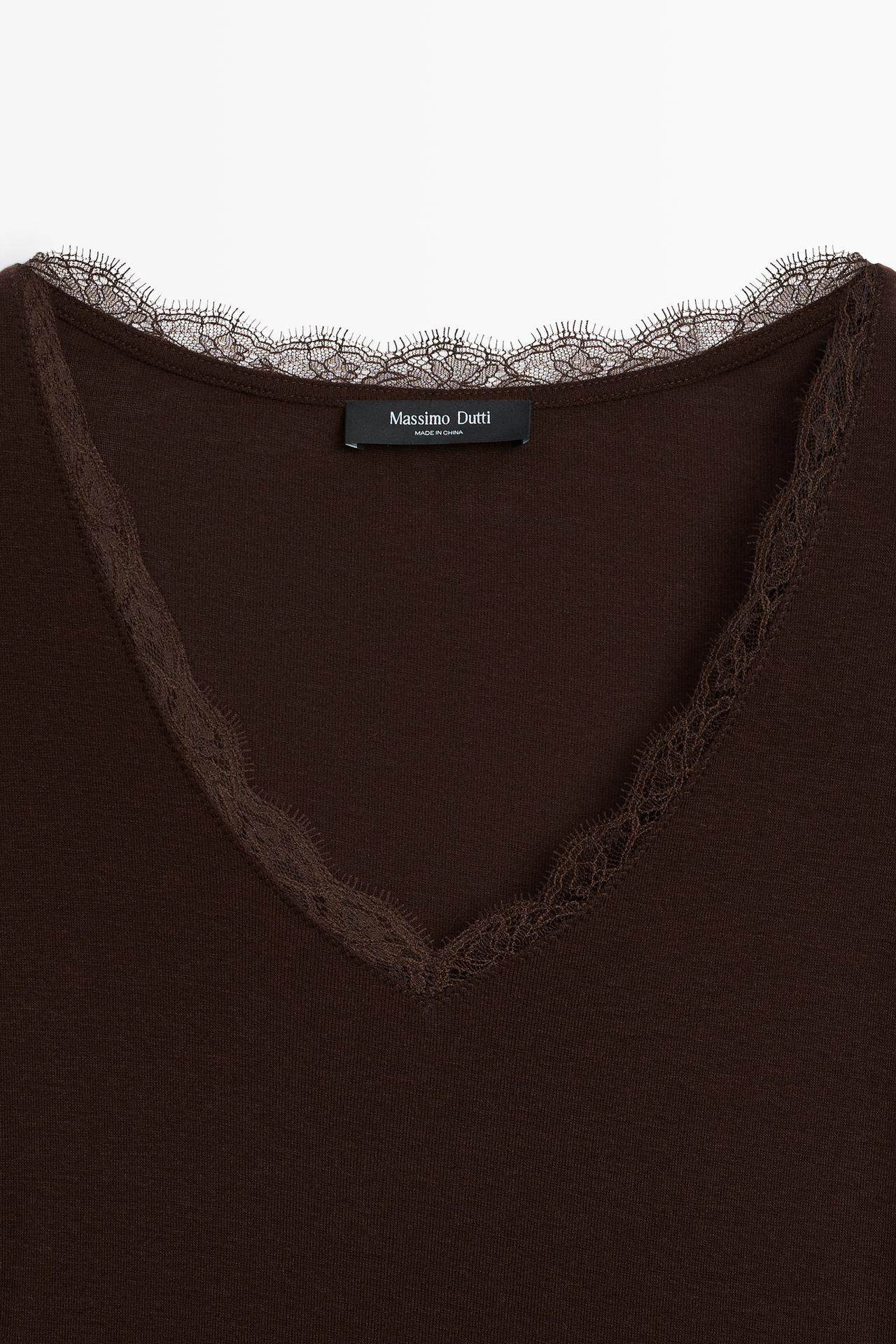 Long sleeve T-shirt with lingerie-inspired detail — BROWN