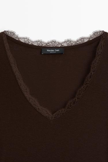 Long sleeve T-shirt with lingerie-inspired detail — BROWN 4