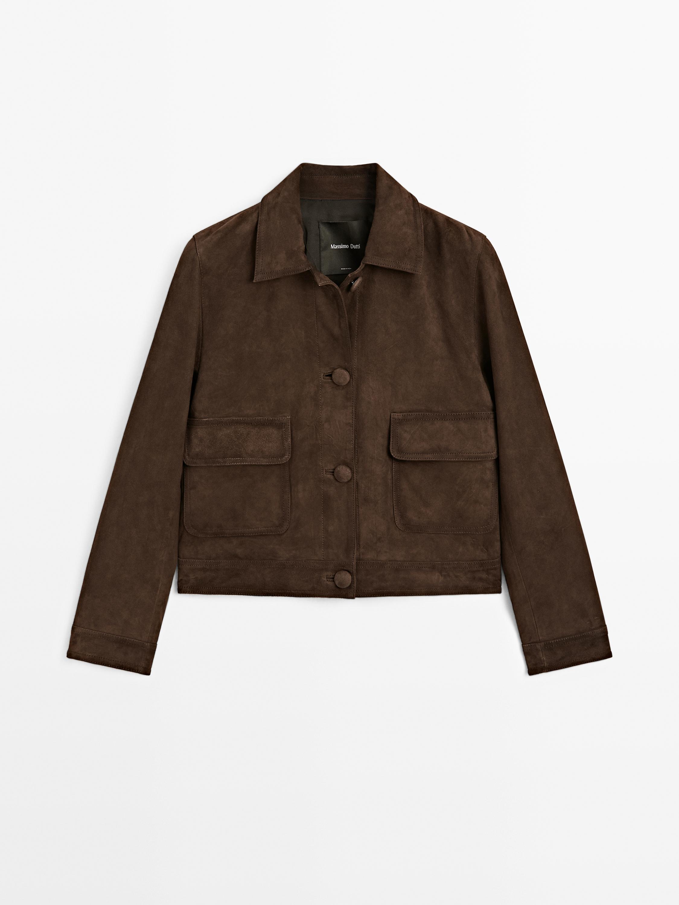 Veste courte boutons recouverts en cuir finition daim