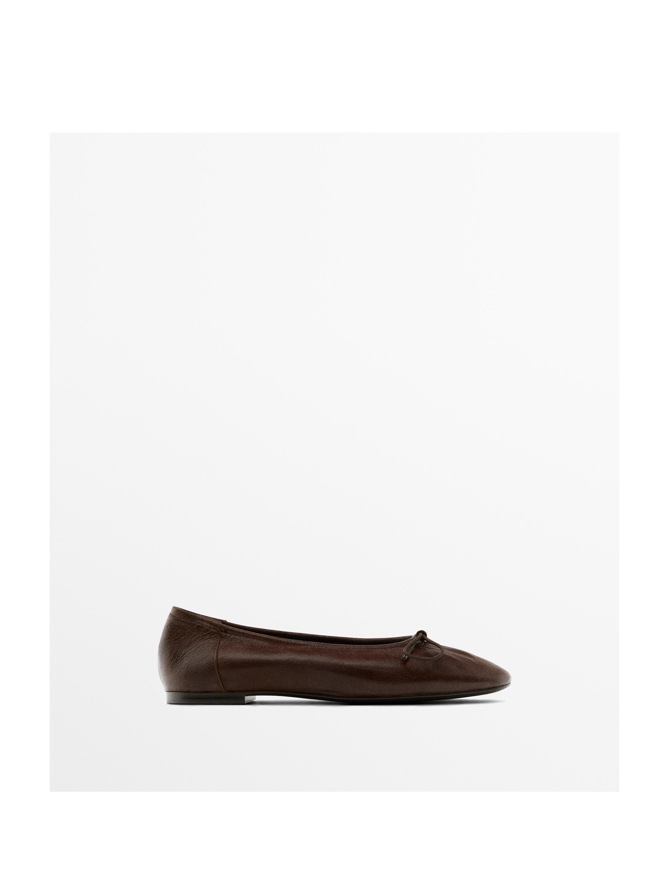 Gathered ballet flats with bow — BROWN