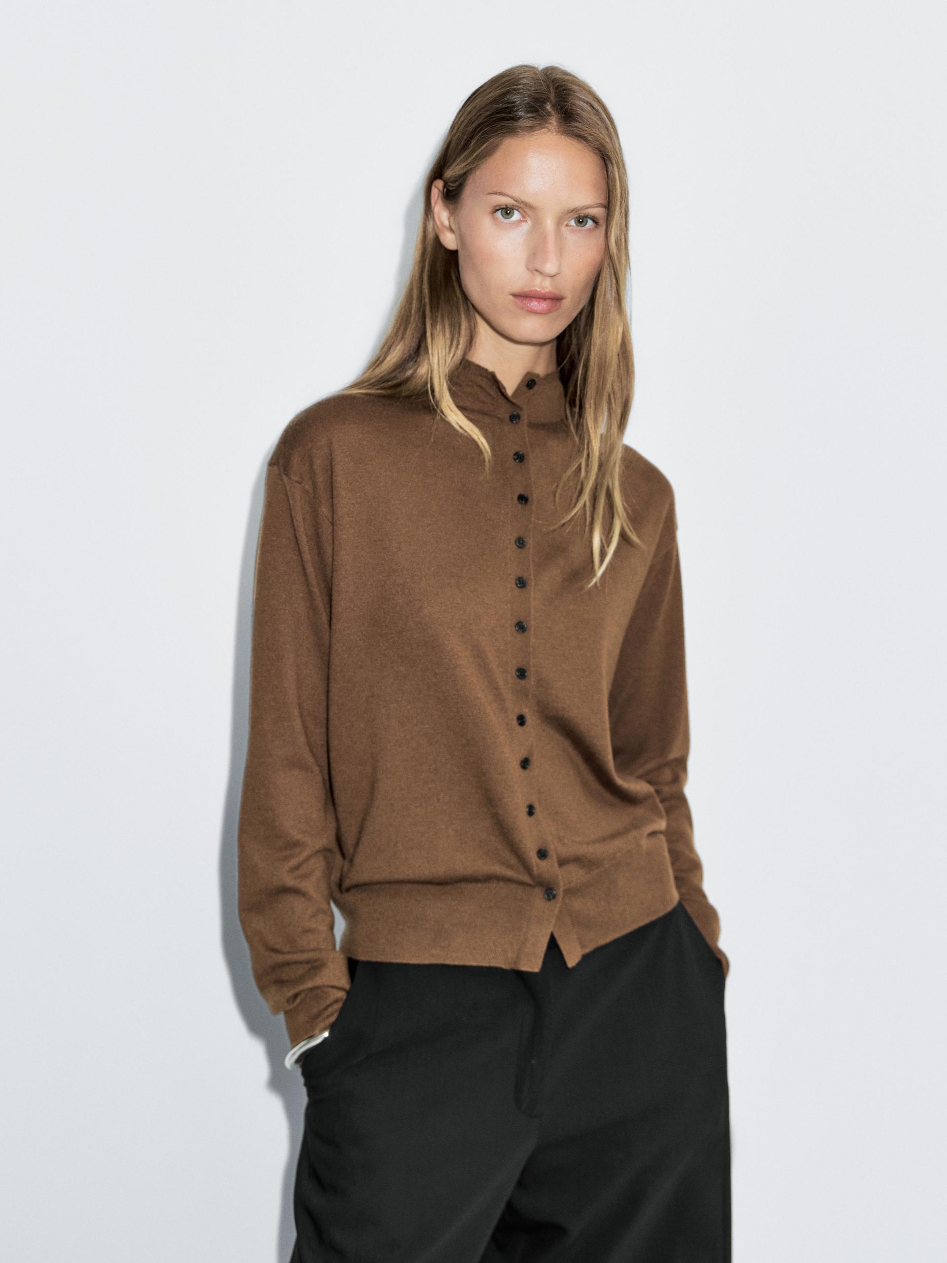 Cardigan De Malha Com Gola Perkins - Toffee - Xs - Massimo Dutti - Mulher