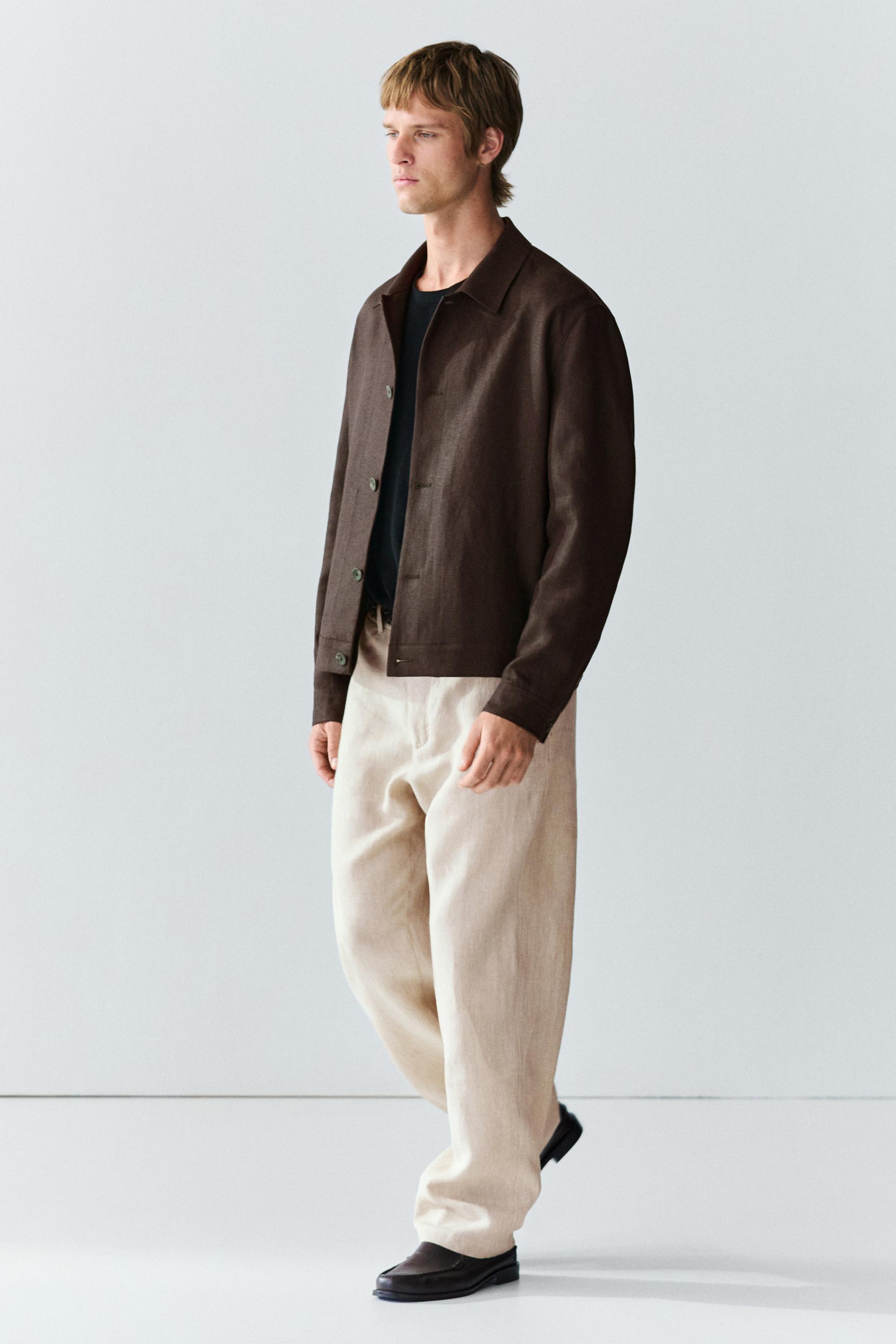 100% linen total look overshirt — BROWN