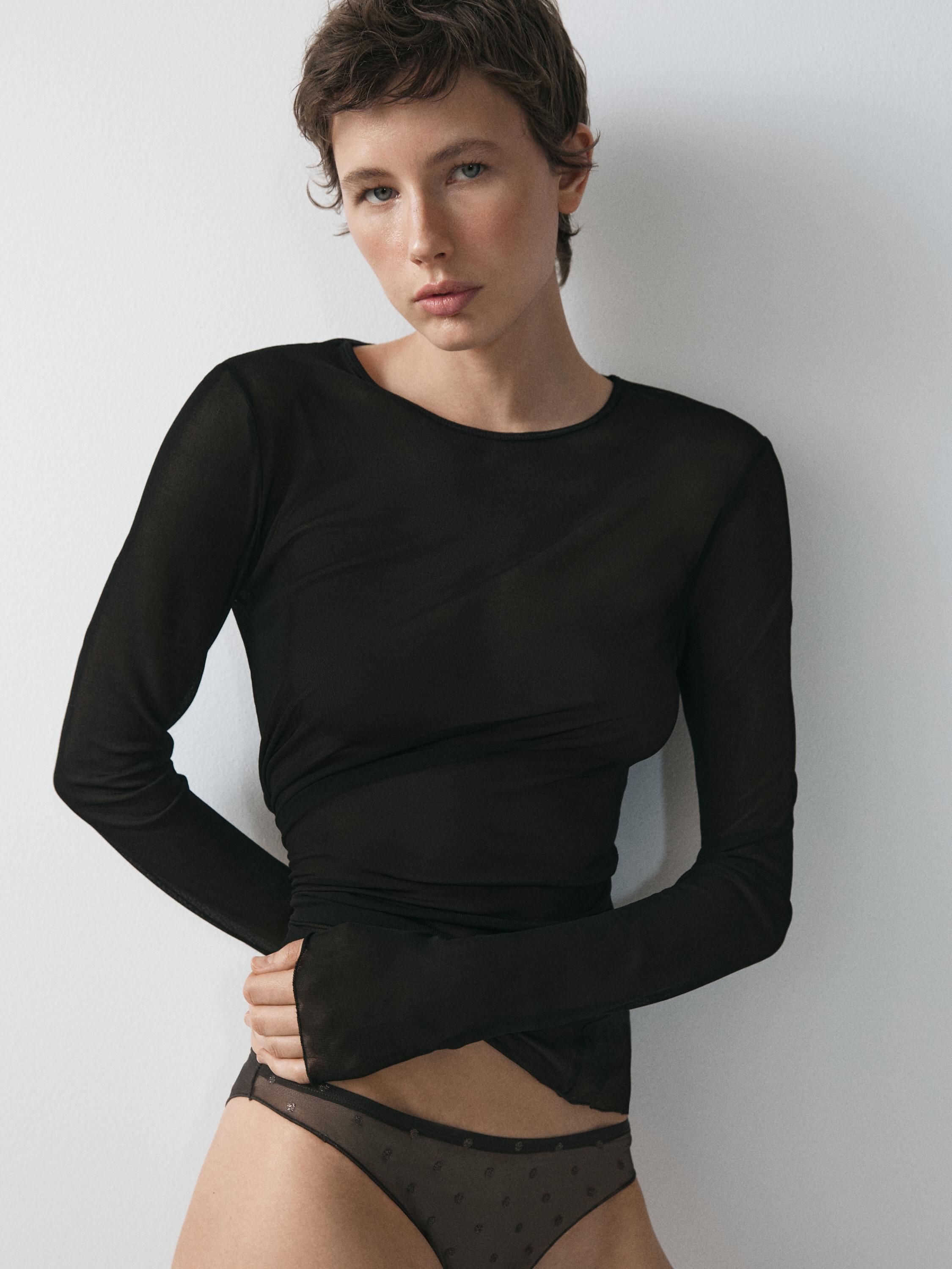 Long sleeve silk T-shirt — BLACK