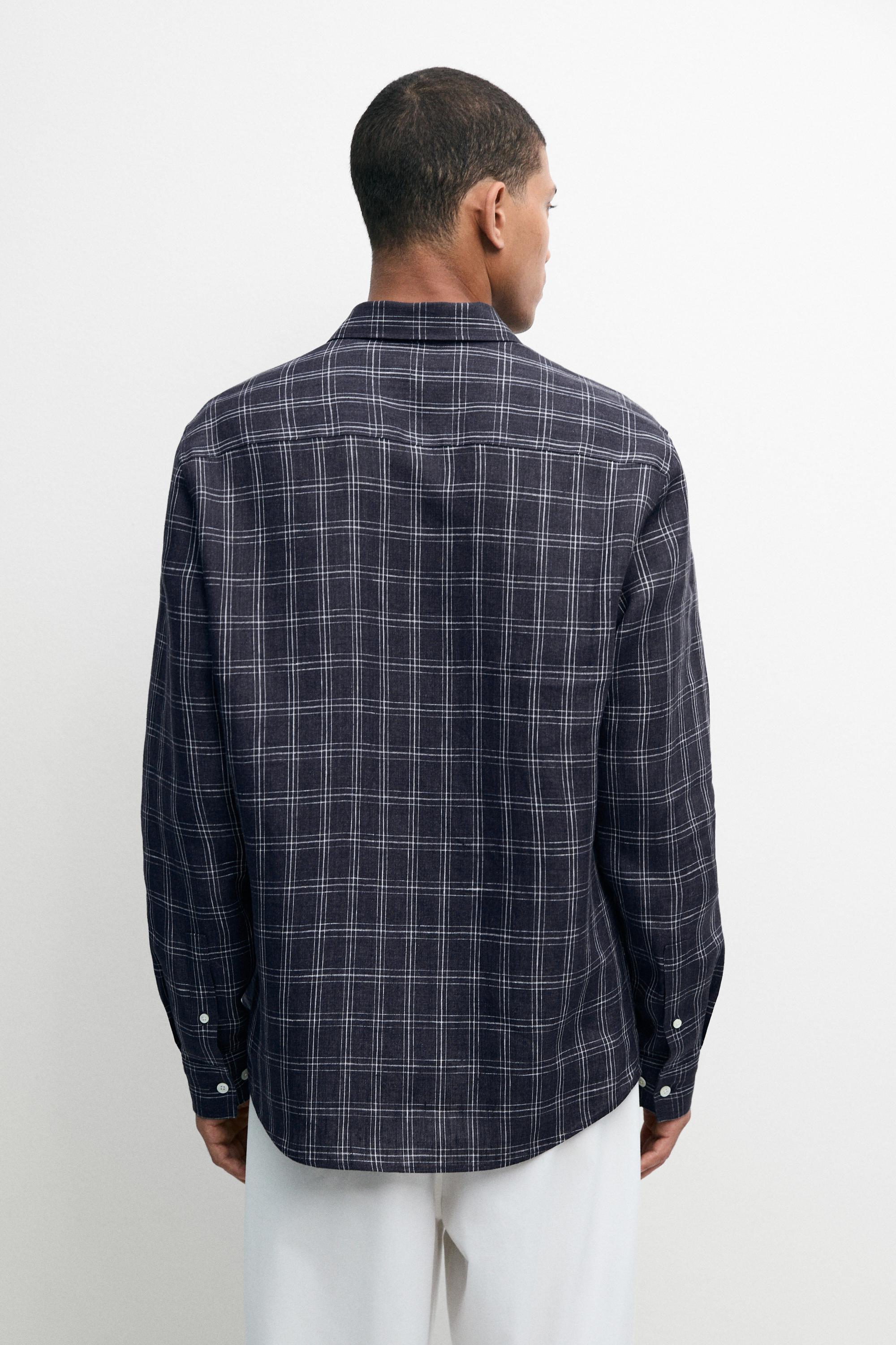 100% linen regular fit check shirt — DARK BLUE