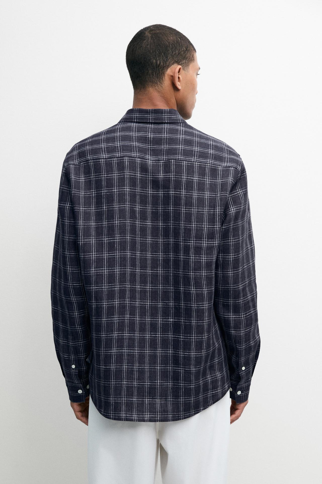 100% linen regular fit check shirt — DARK BLUE