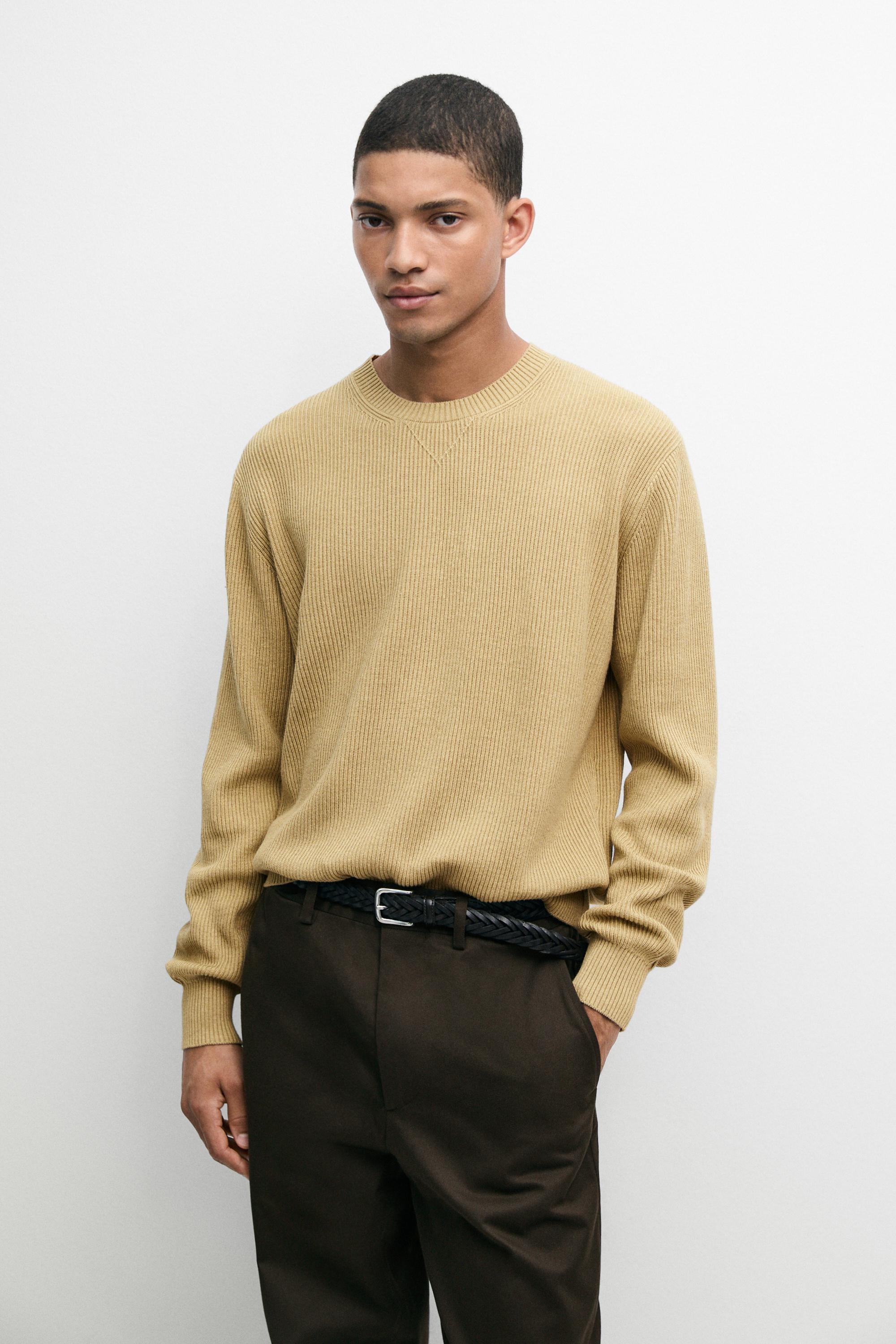Cotton blend ribbed knit sweater — CREAM