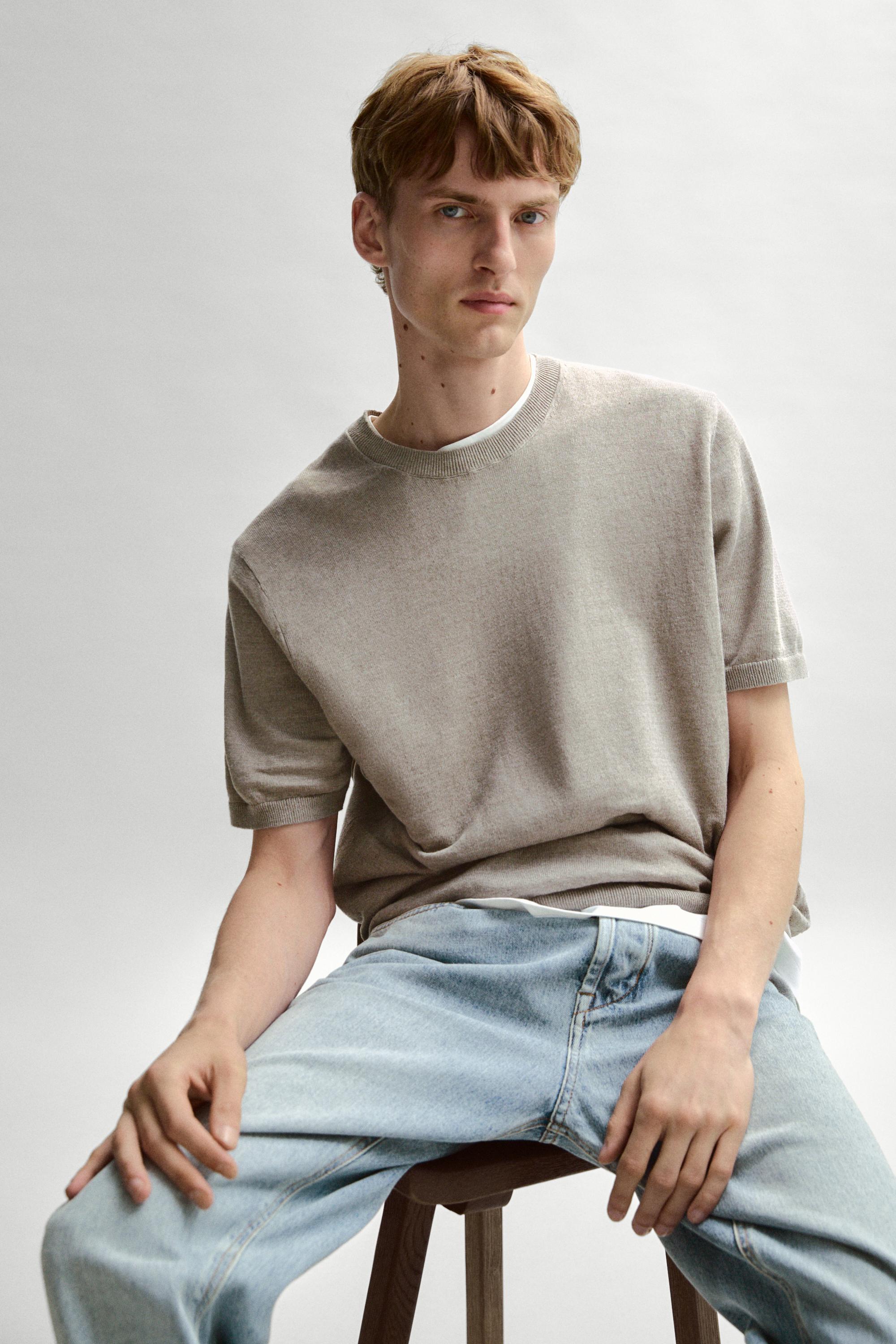 Lightweight 100% linen knit T-shirt — NATURAL GREY