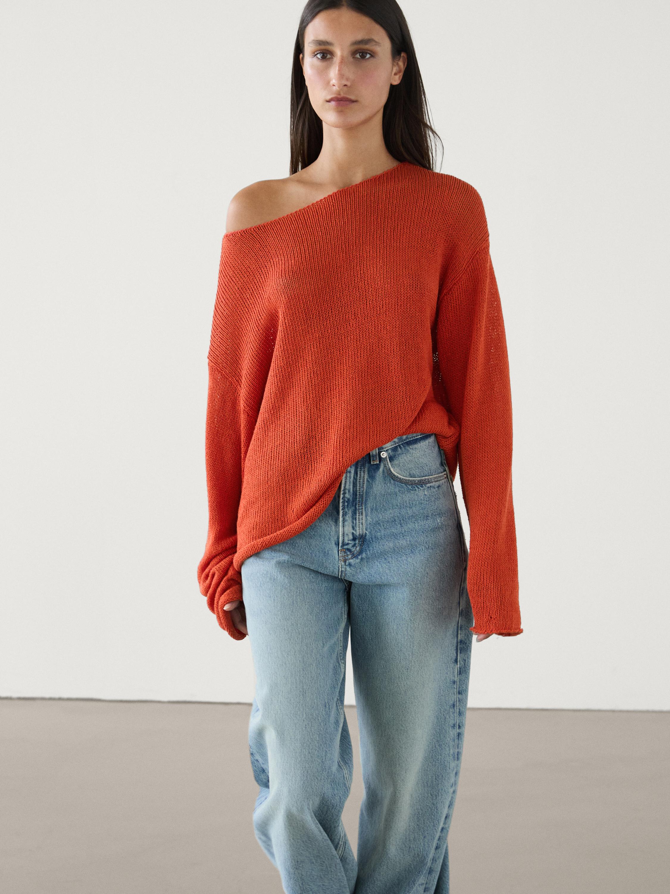 Linen blend boat neck knit sweater
