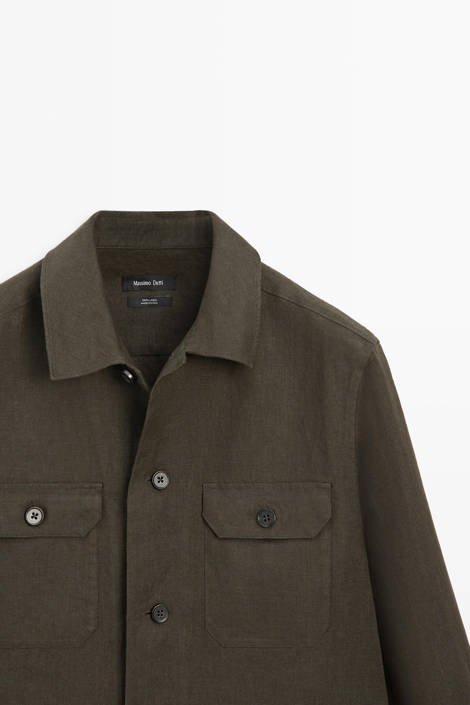 Total look linen overshirt with pockets — DARK GREEN