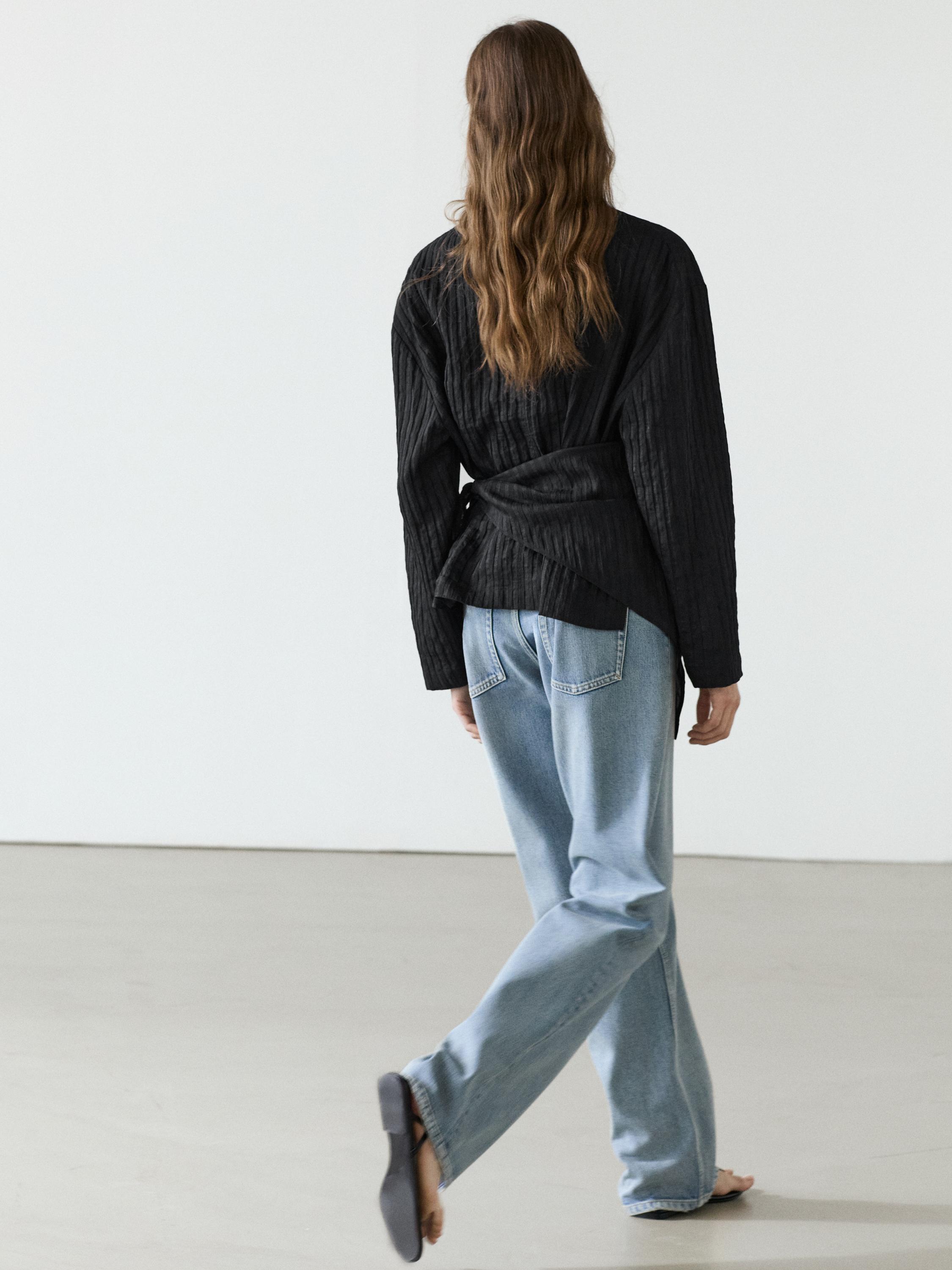 Striped flowing shirt with scarf detail — BLACK