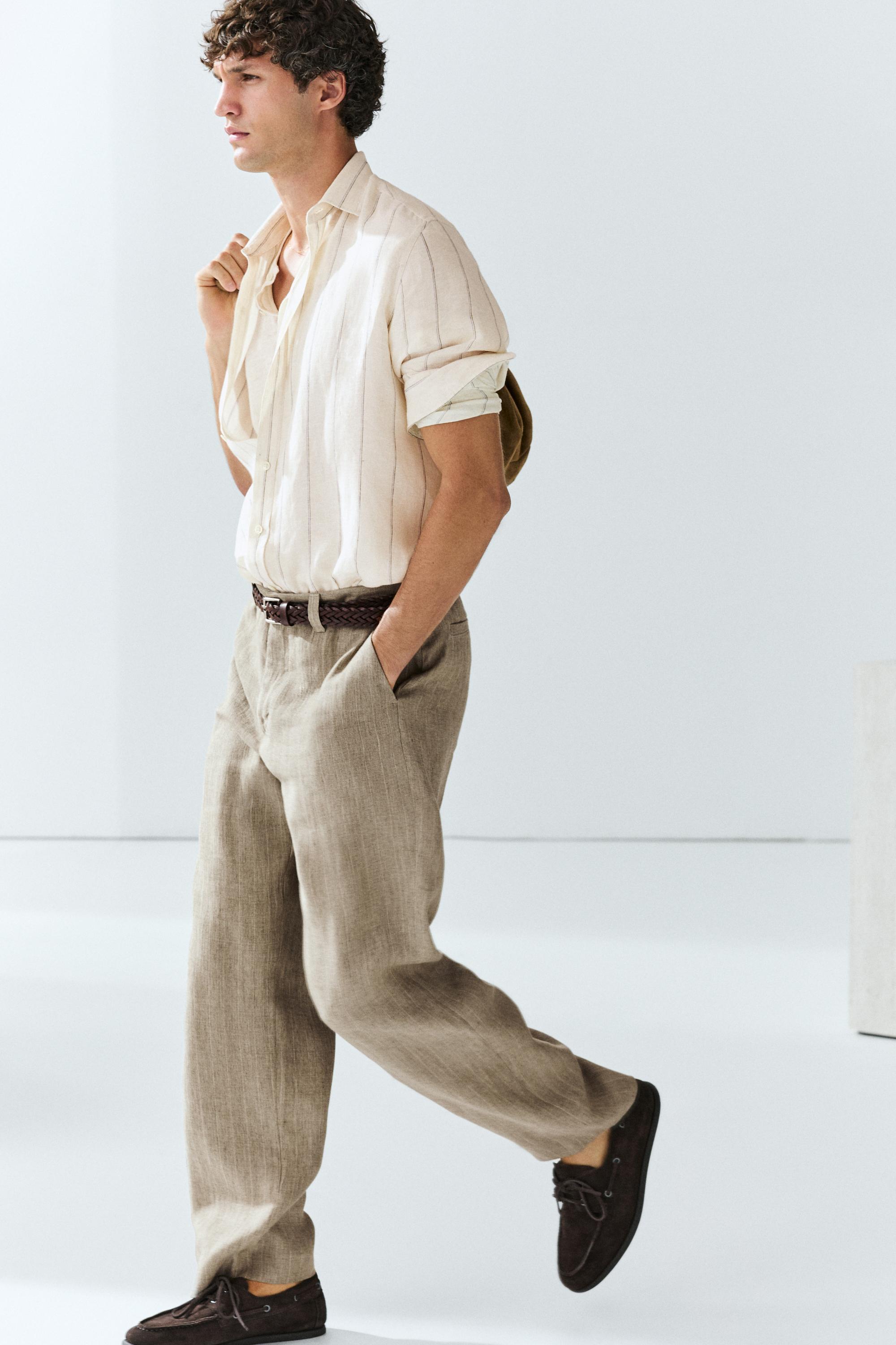 100% linen regular fit striped shirt — CREAM