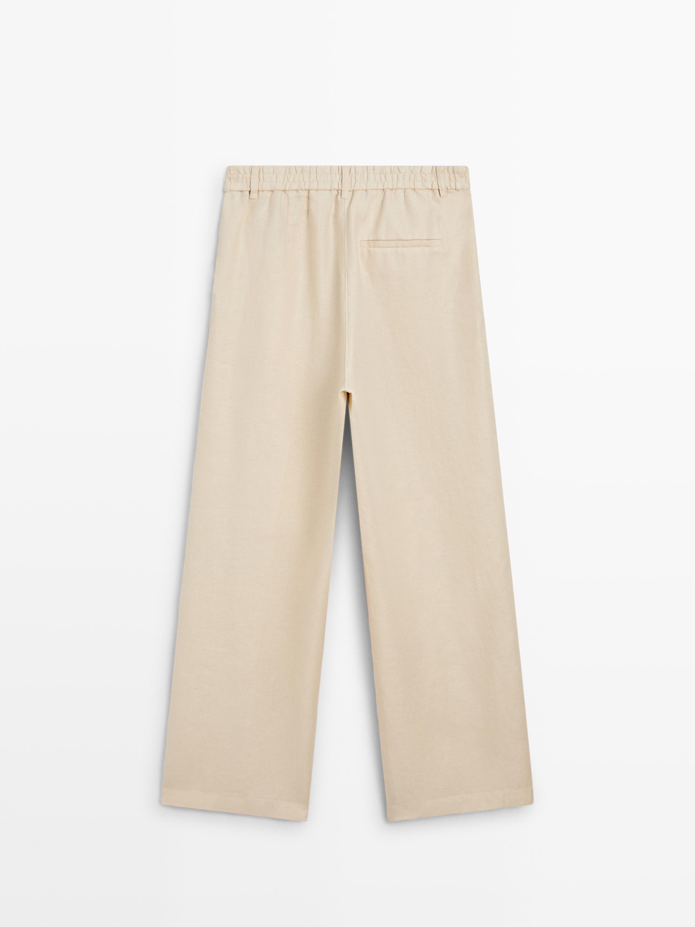100% linen wide-leg elasticated trousers — SAND