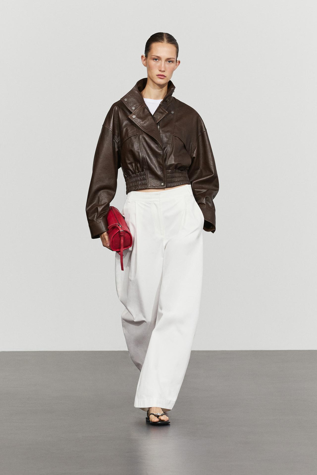 Short nappa leather bomber jacket — BROWN