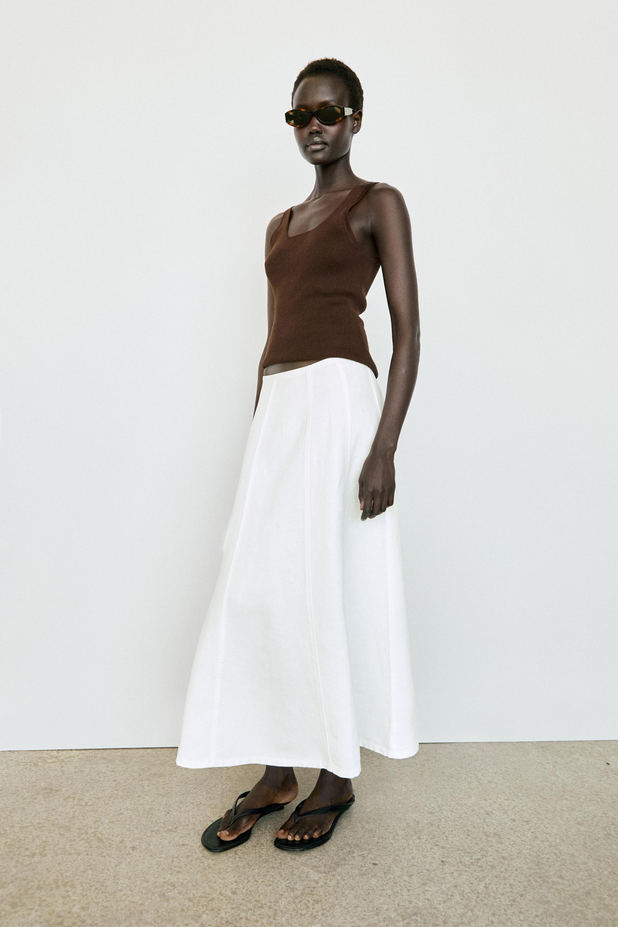 100% linen denim-effect midi skirt — Off white