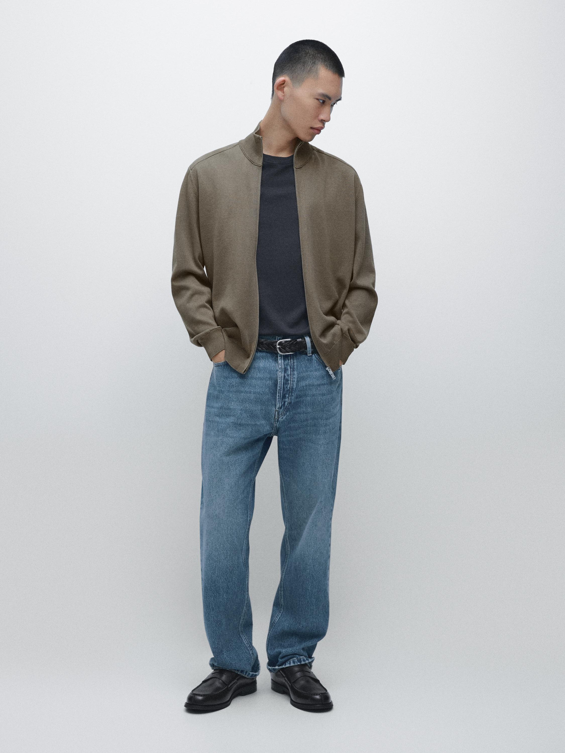 Cotton zip-up knit cardigan