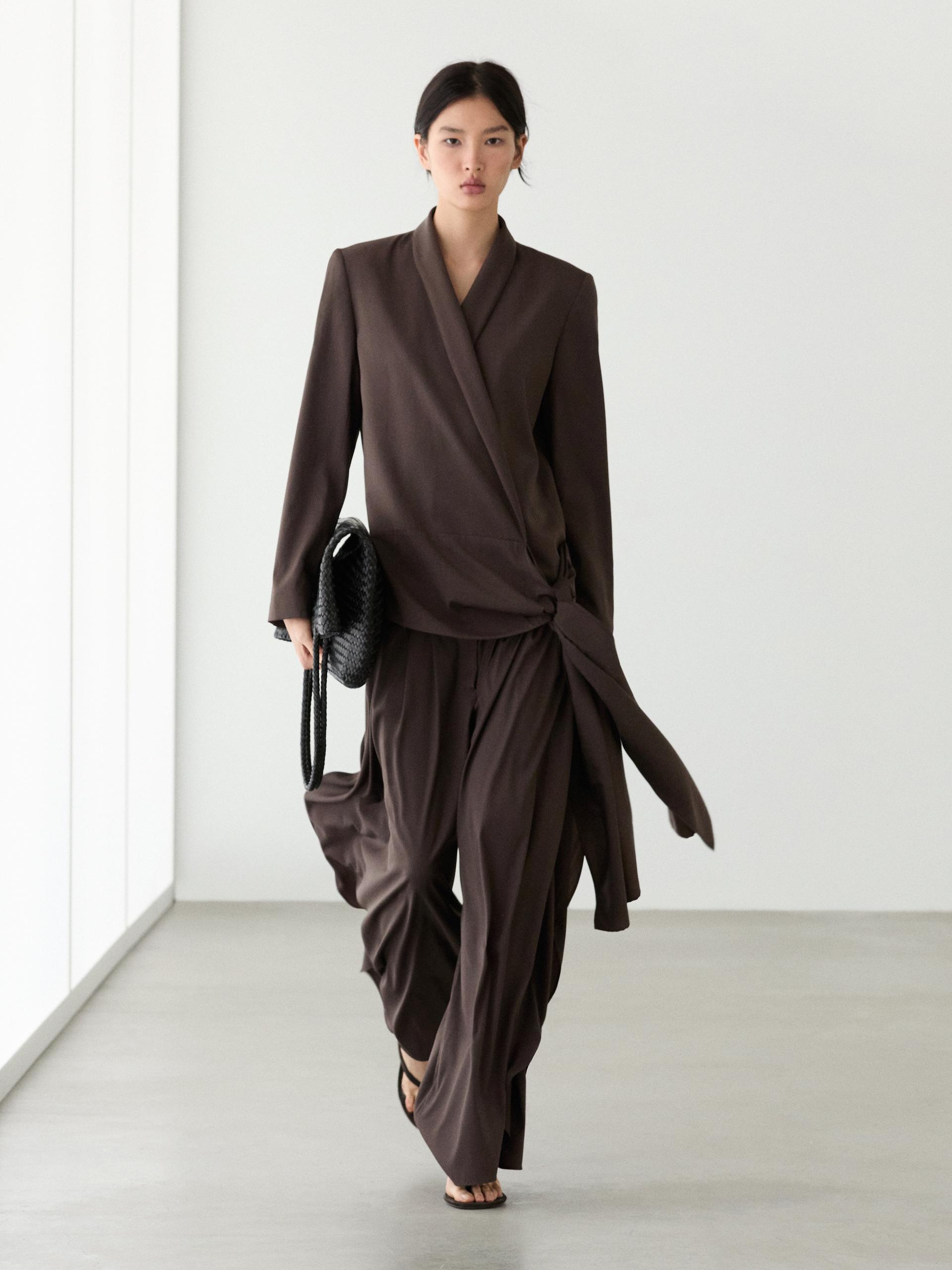 Blazer En Laine Mélangée À Détail Noué - Chocolat - 34 - Massimo Dutti - Femme