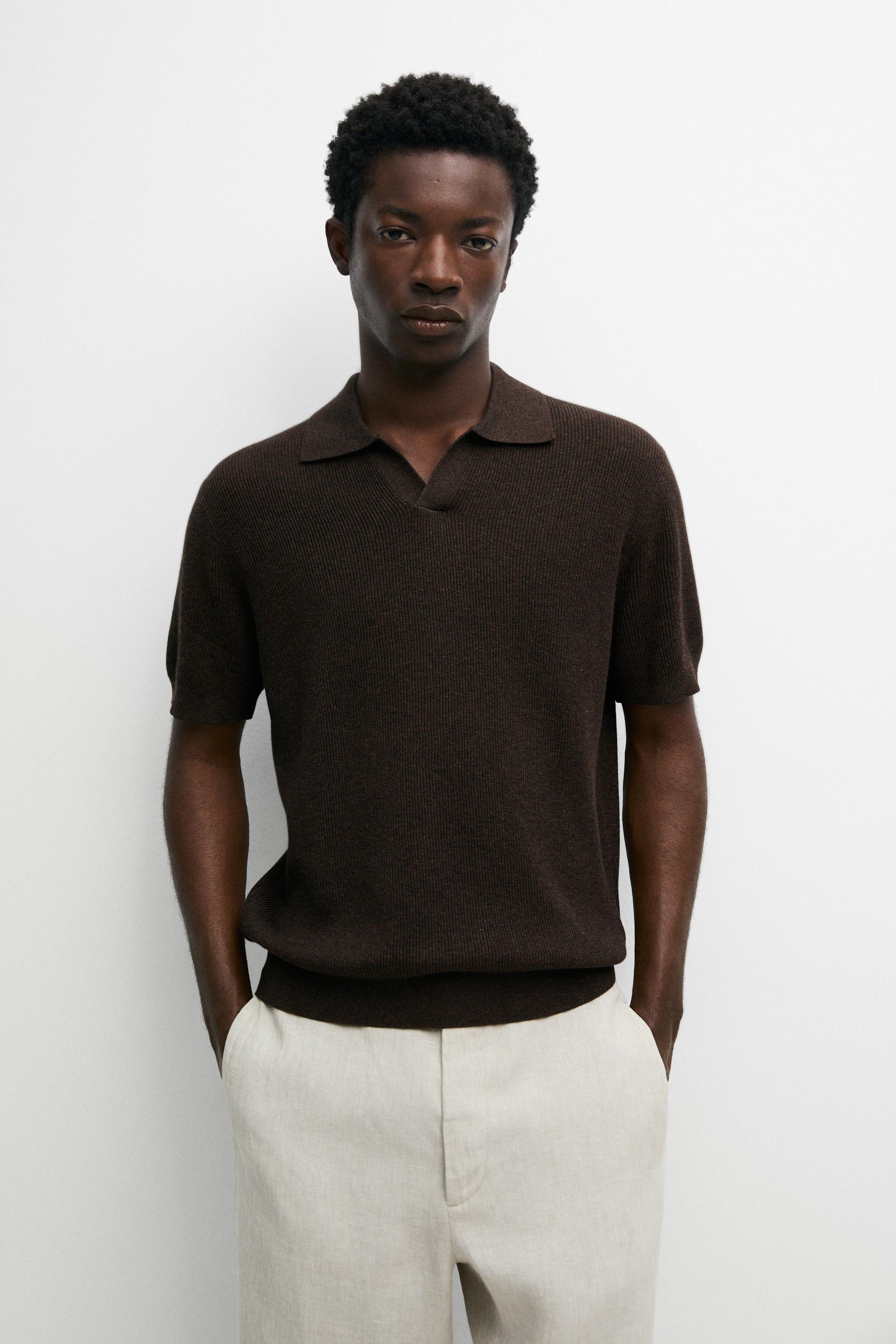 Cotton blend knit polo sweater — BROWN