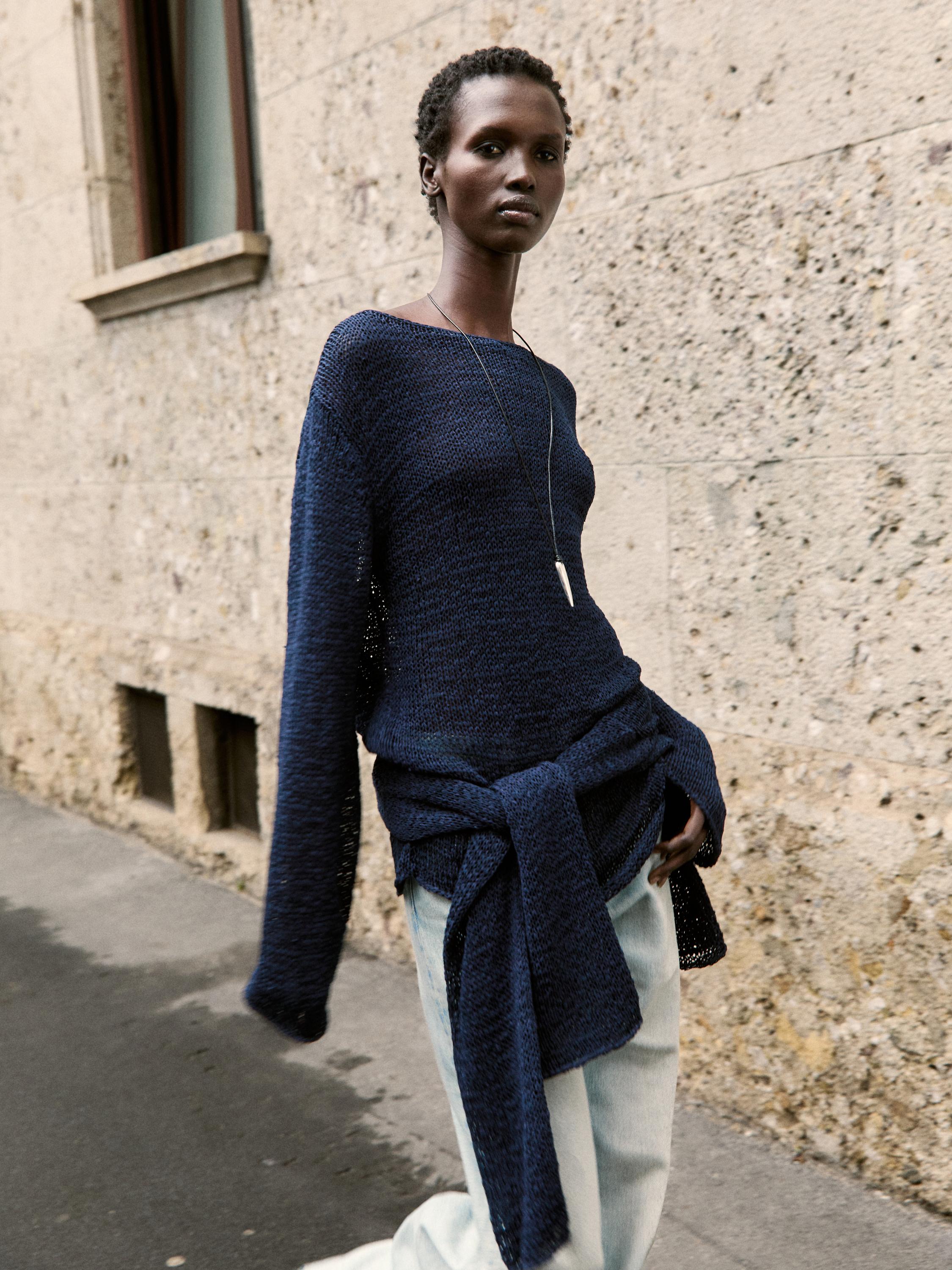 Cotton blend knit boat neck sweater — Dark Blue
