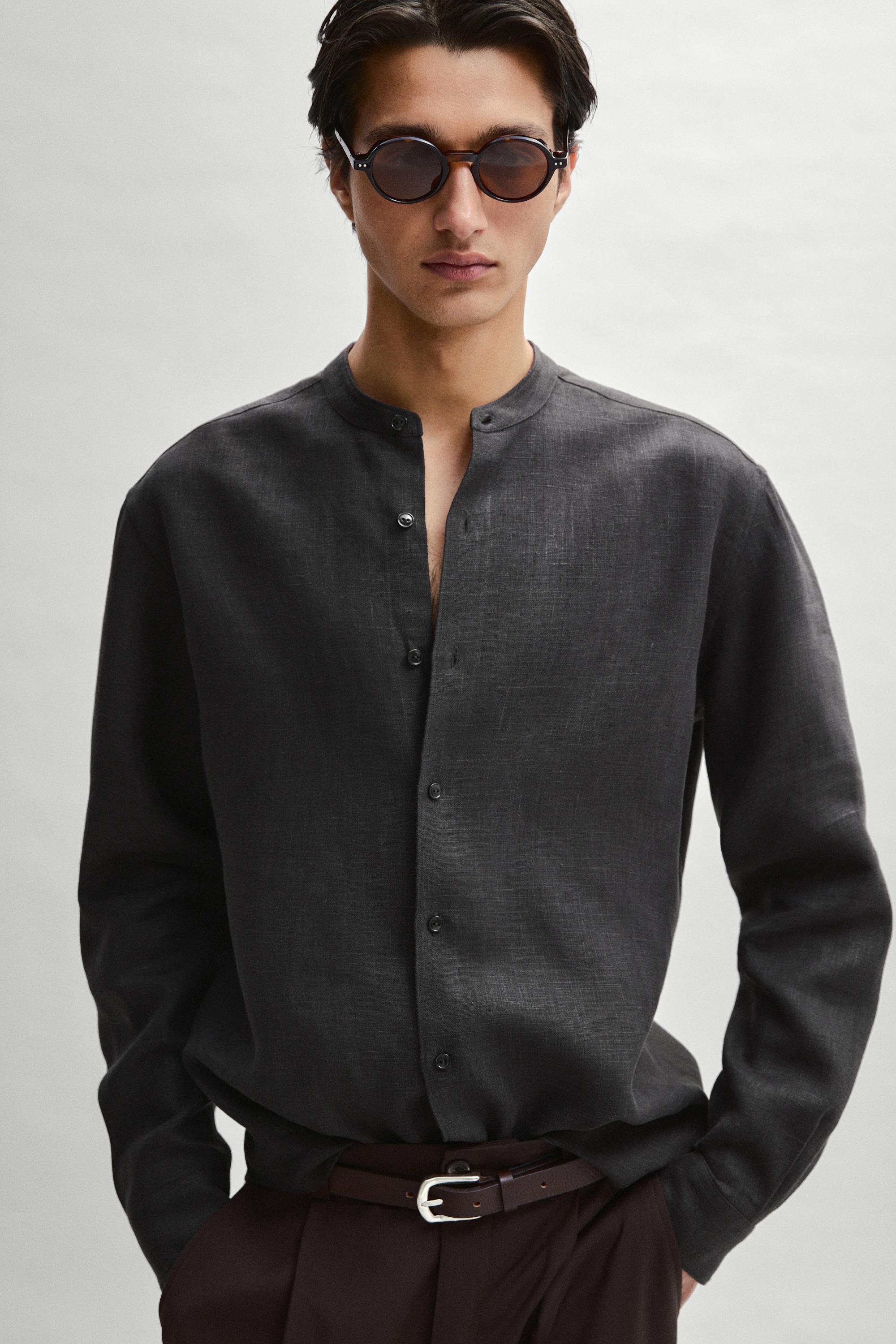 100% linen stand collar shirt — BLACK