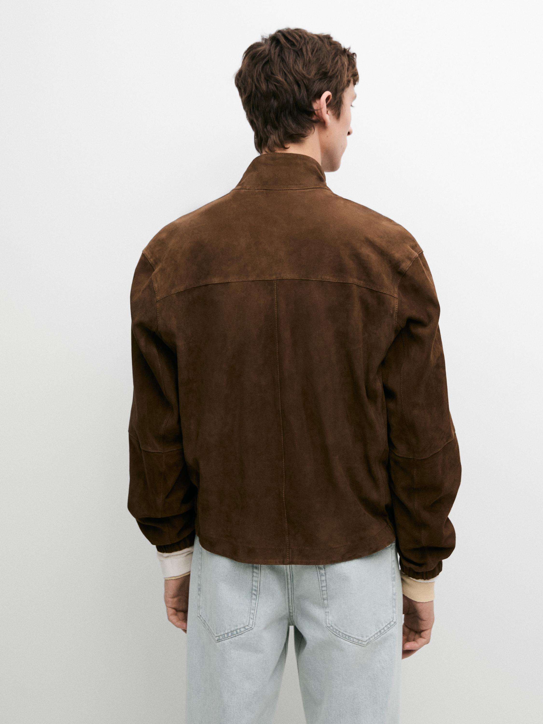 Suede leather high neck jacket — Tobacco brown