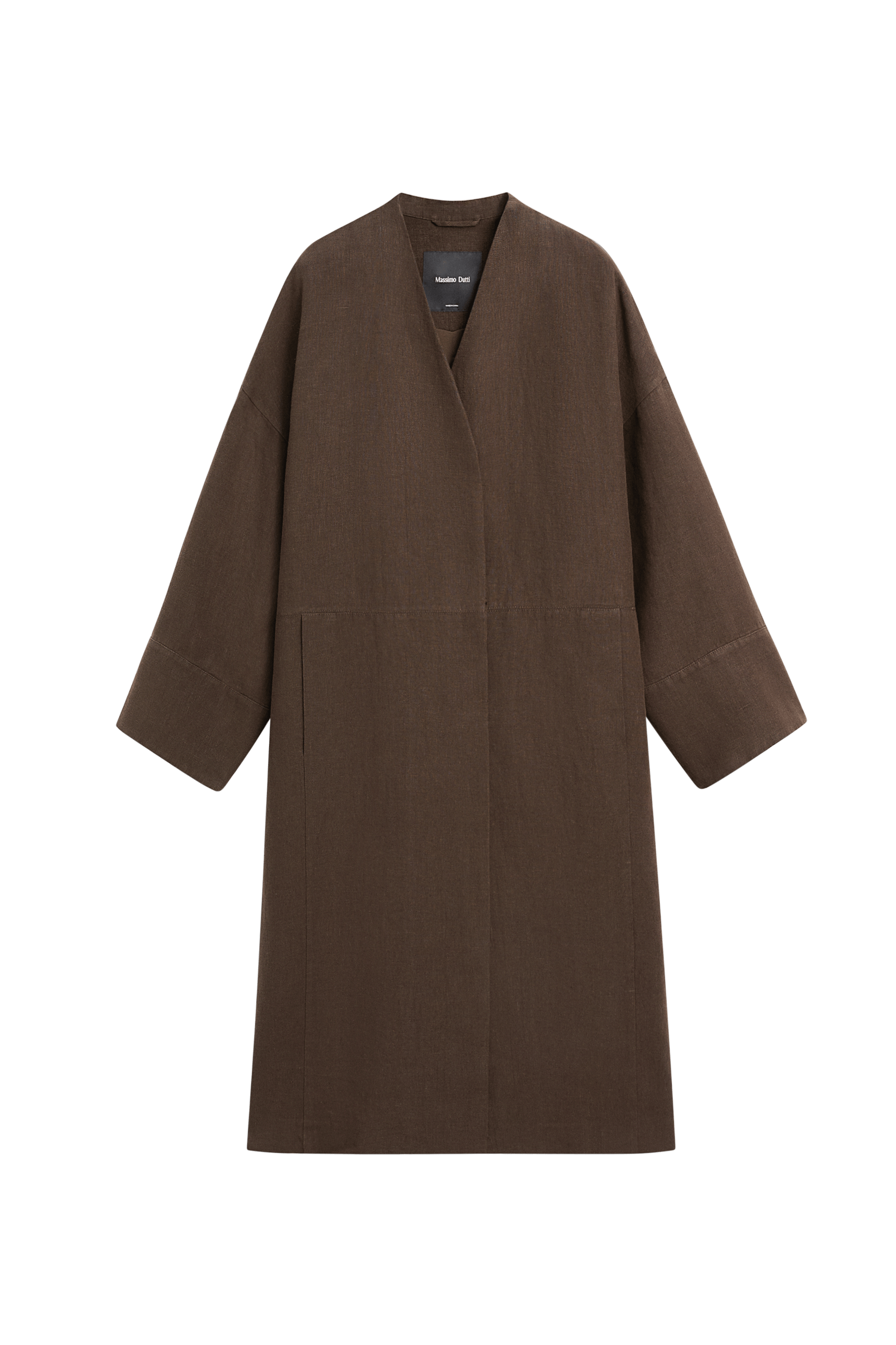 Massimo Dutti Yakalıksız %100 keten kruvaze kaban görsel 7