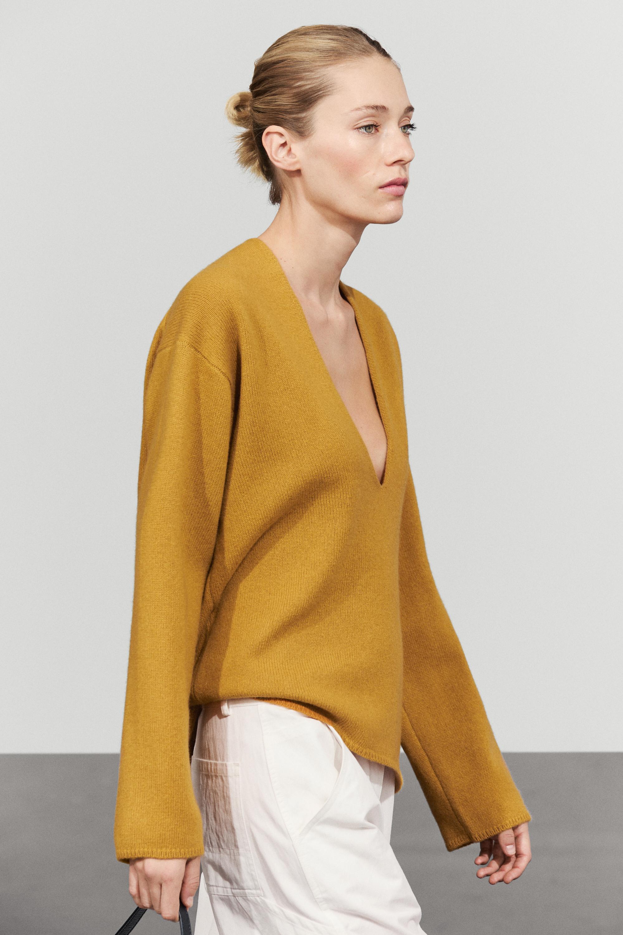 Long-line knit sweater with neckline detail — MUSTARD YELLOW