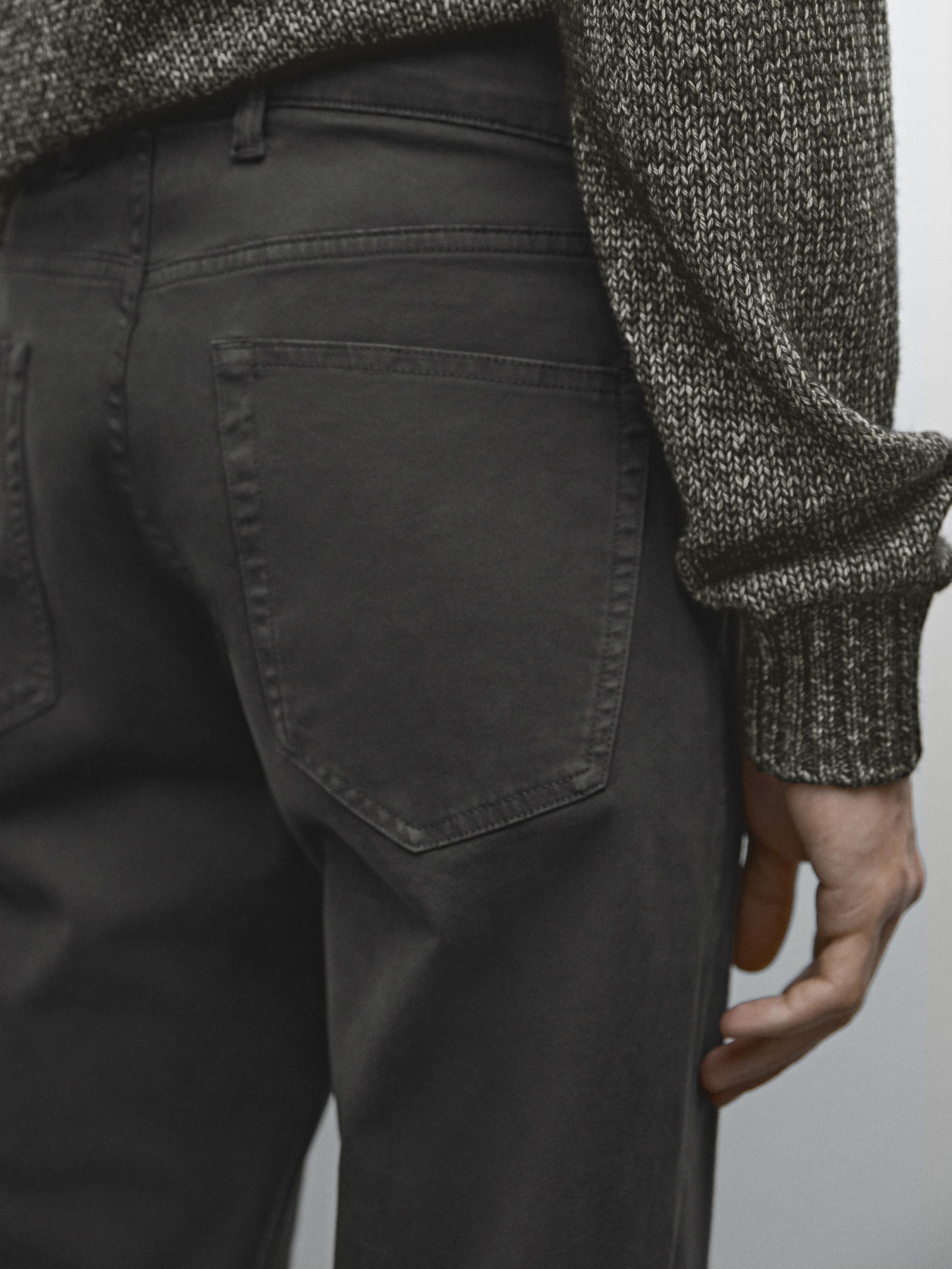 Slim fit cotton blend sateen denim trousers