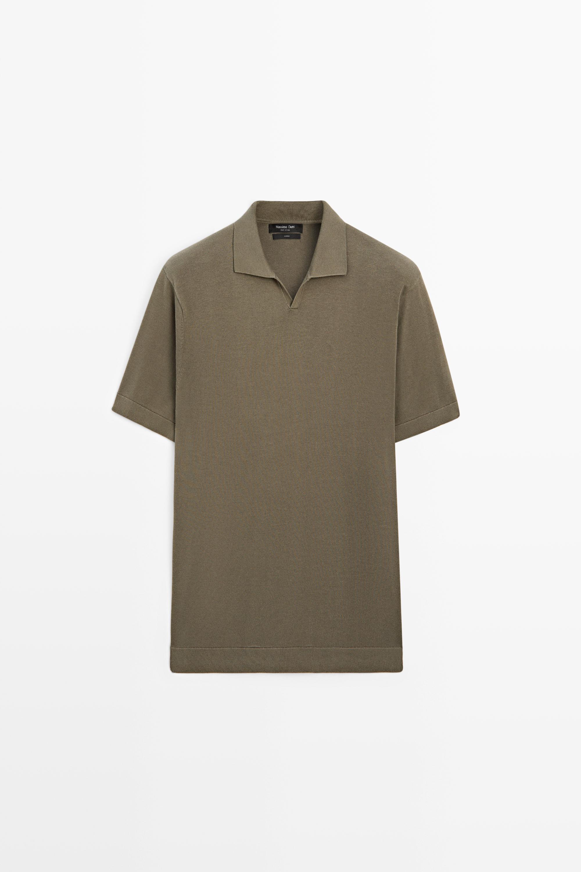 100% cotton V-neck knit polo — Khaki