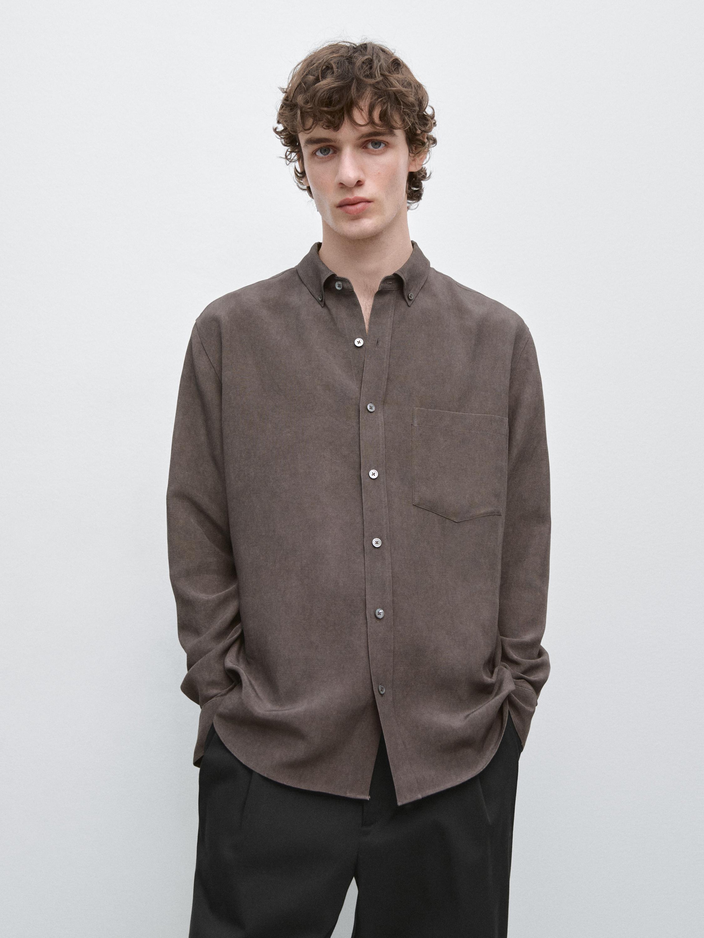 Flowing regular fit shirt with pocket — AUBERGINE