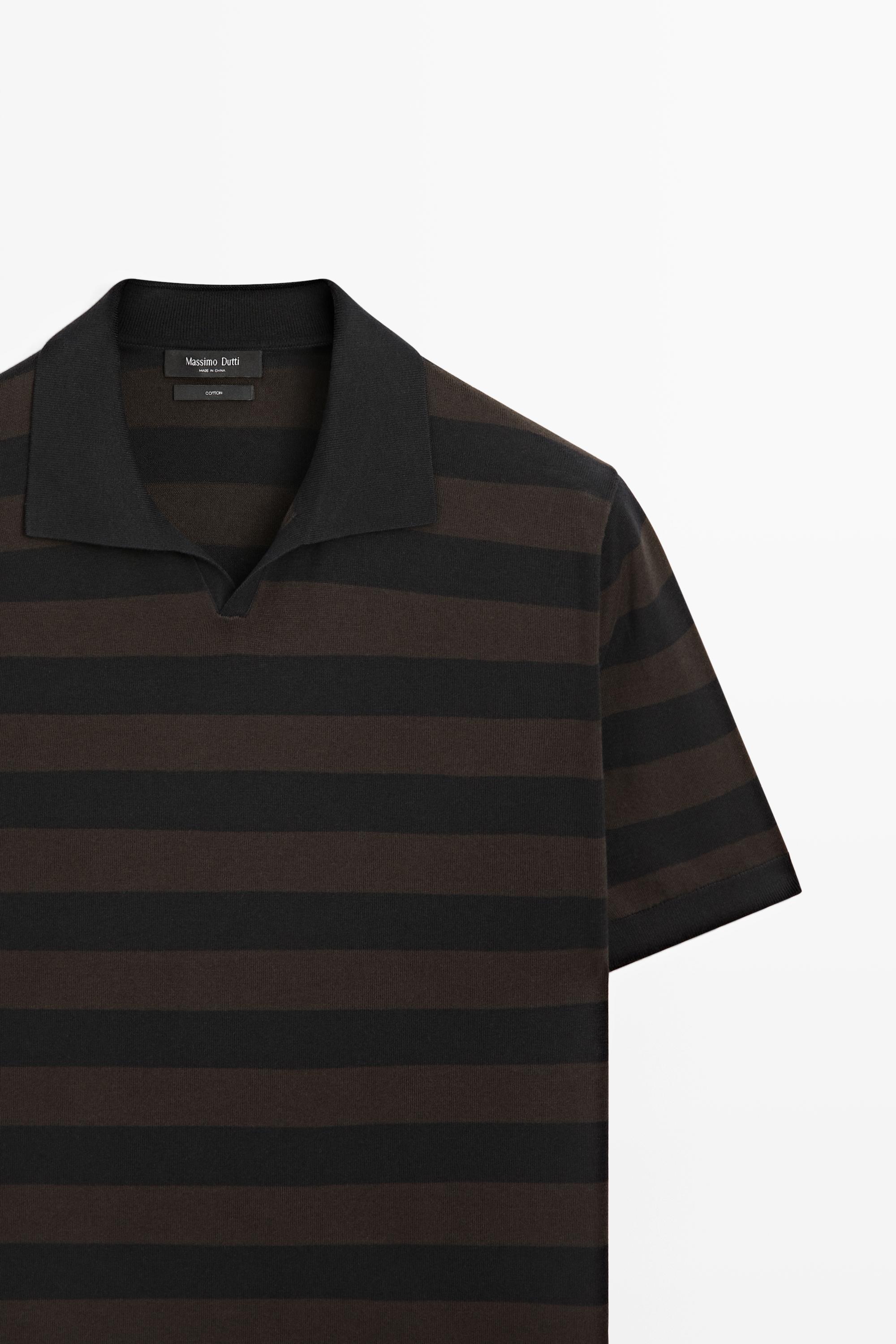 100% cotton striped knit polo shirt — BROWN MARL