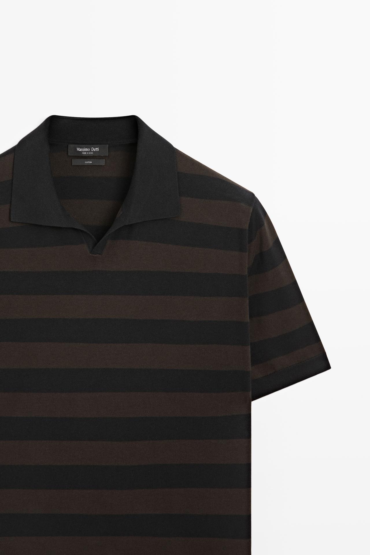 100% cotton striped knit polo shirt — BROWN MARL