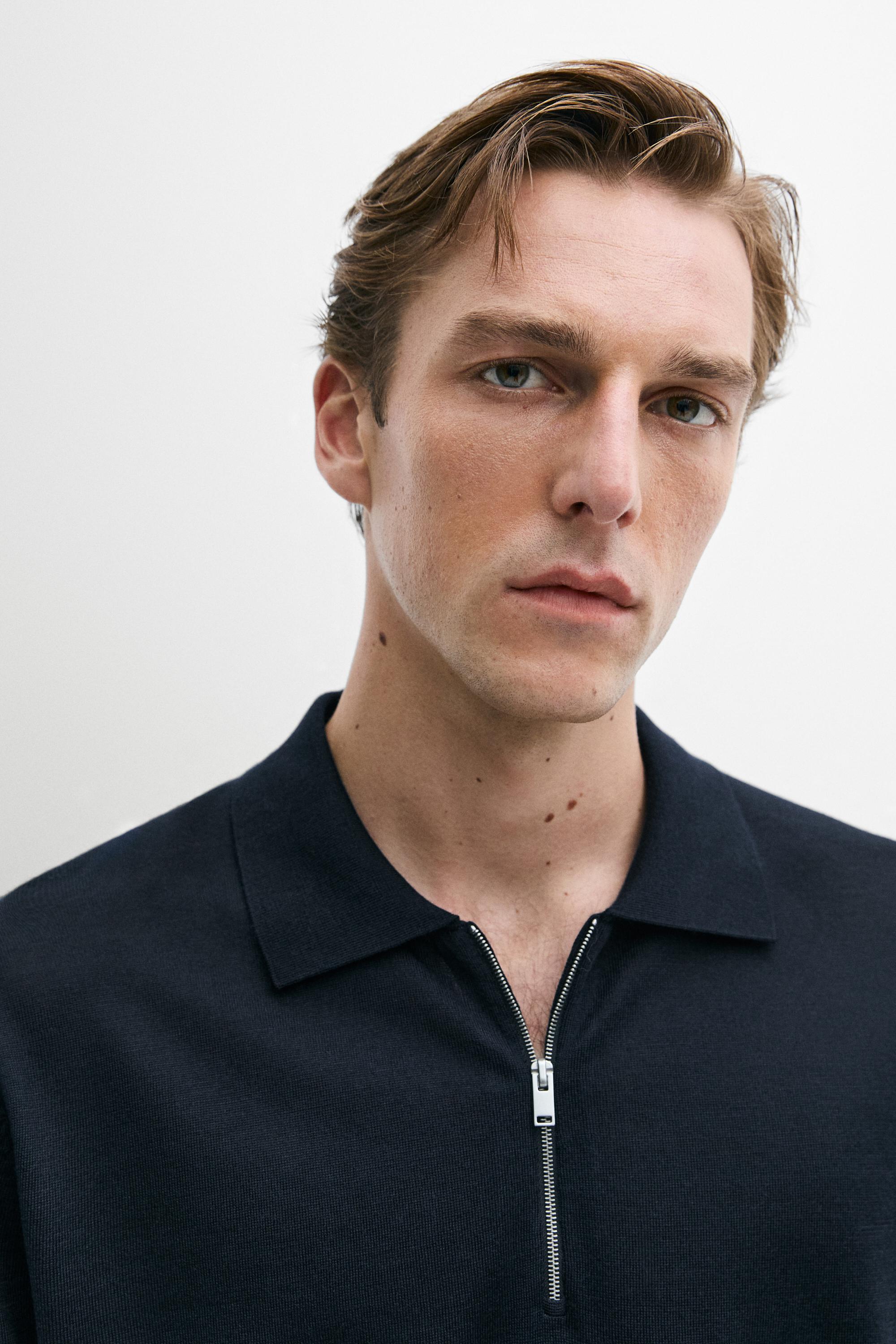 Wool blend zip-detail polo shirt — NAVY BLUE