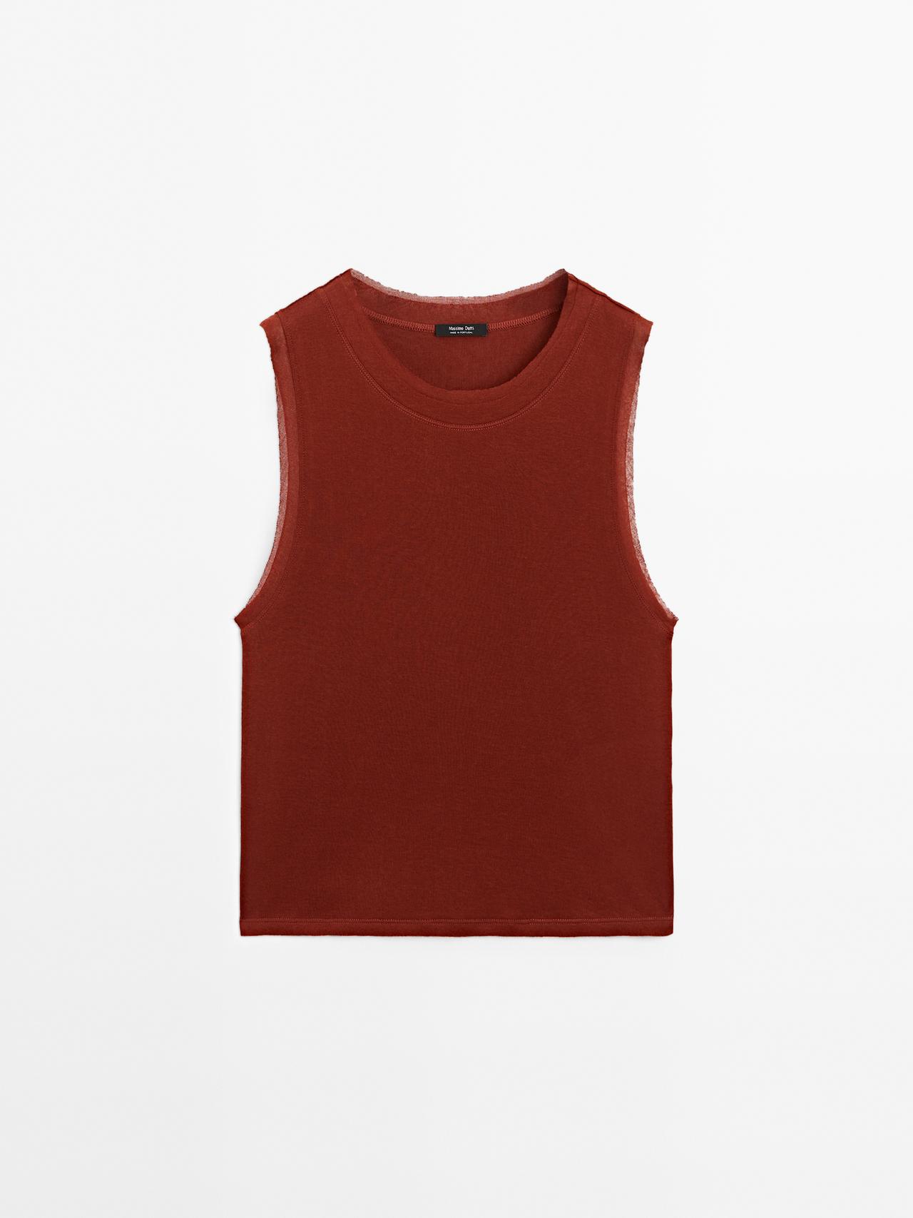 Massimo Dutti - Dame - T-Shirt Uden Ærmer Med Dobbelt Pyntekant - Orange - M