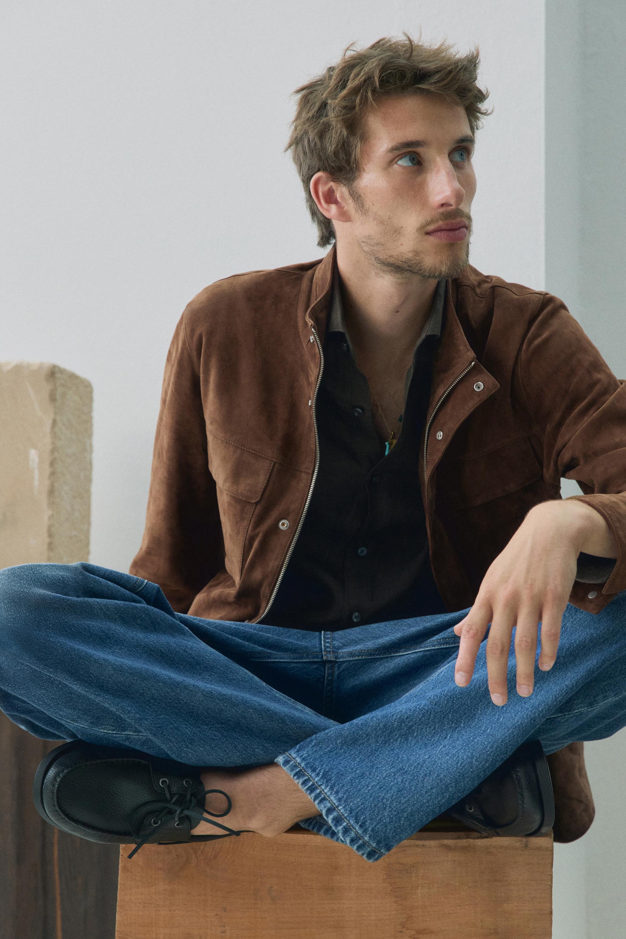 Suede jacket with pocket details — BROWN