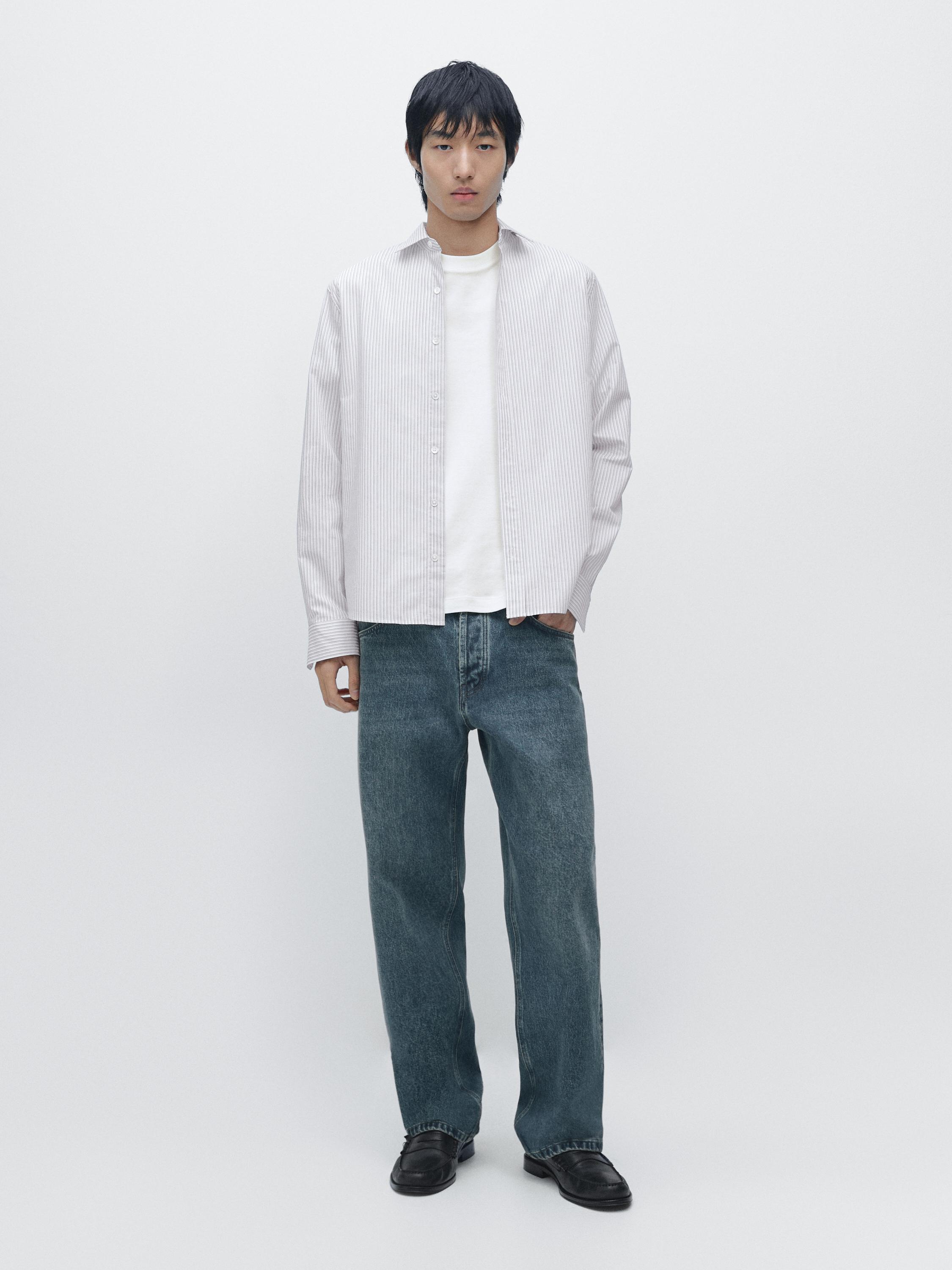 Cotton blend regular fit striped shirt — BLUE