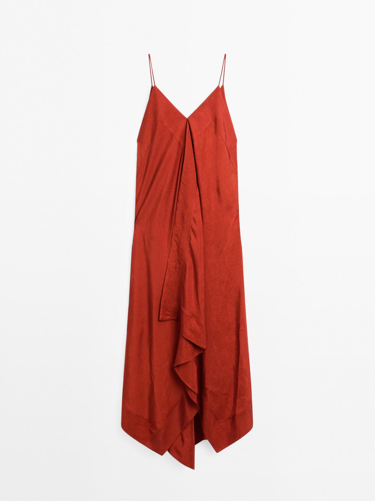 Massimo Dutti - Dame - Midikjole Med Blødt Fald Og Flæser - Orange - M