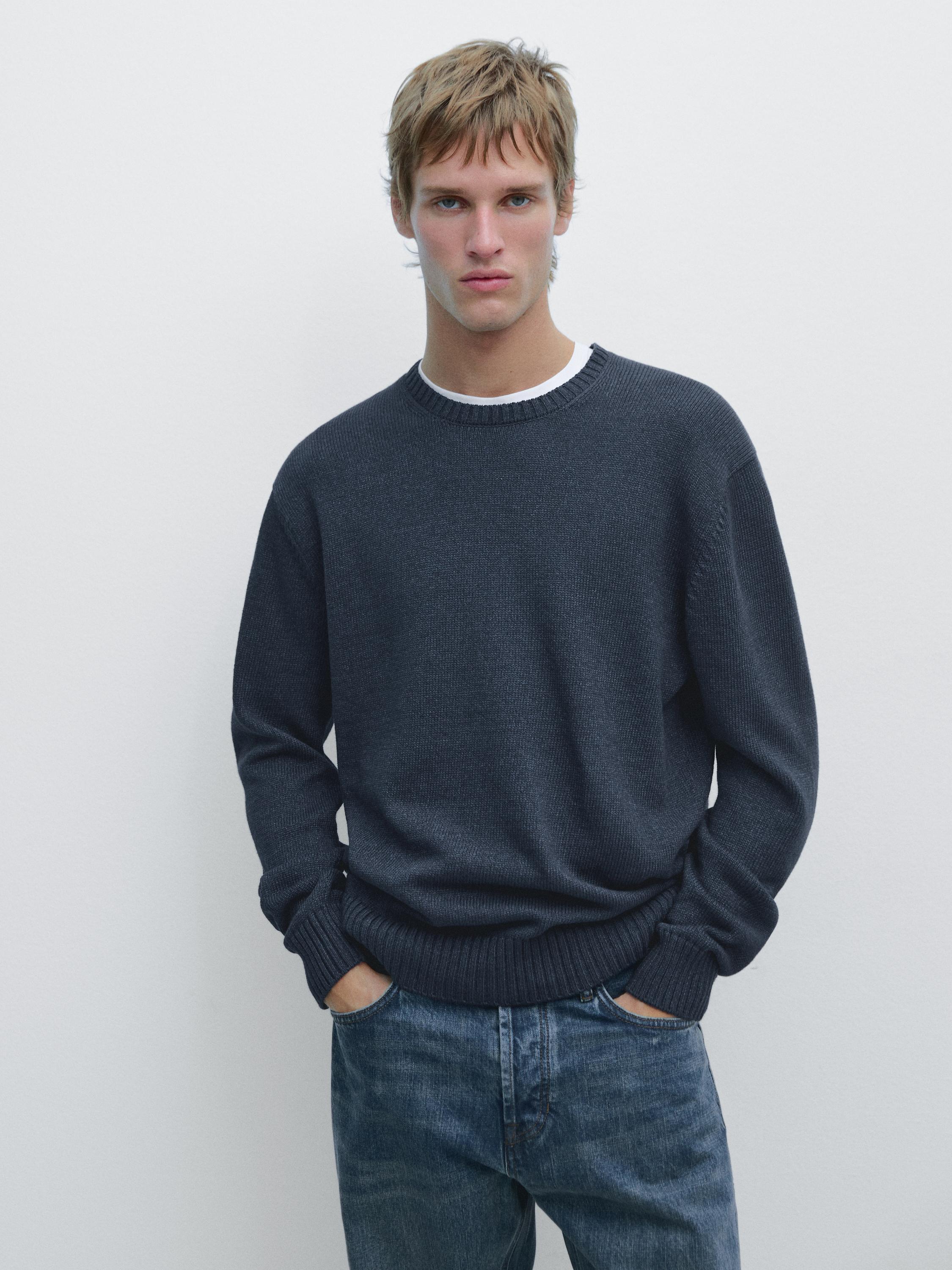 Denim-effect crew neck knit sweater — NAVY BLUE