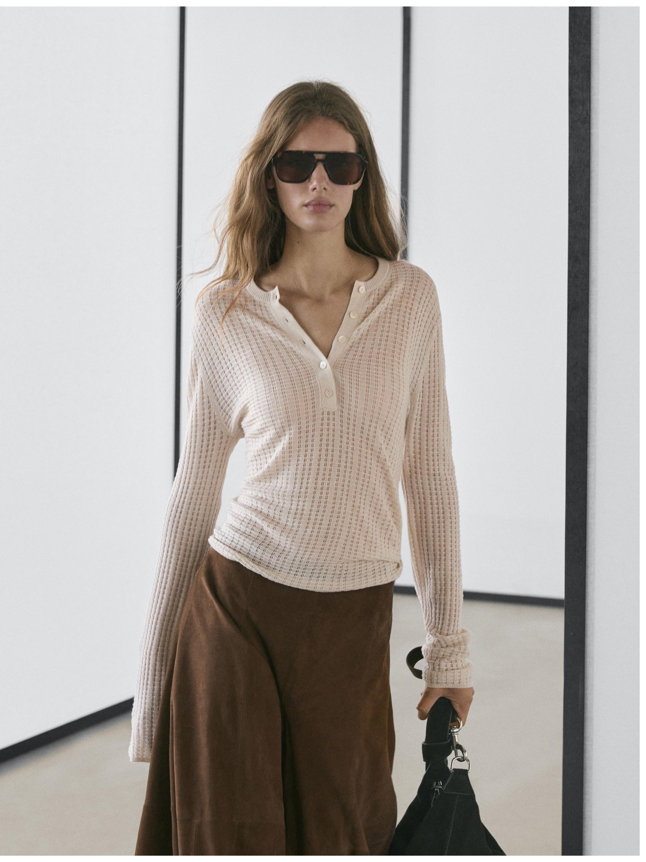 Cutwork wool blend henley sweater — CREAM
