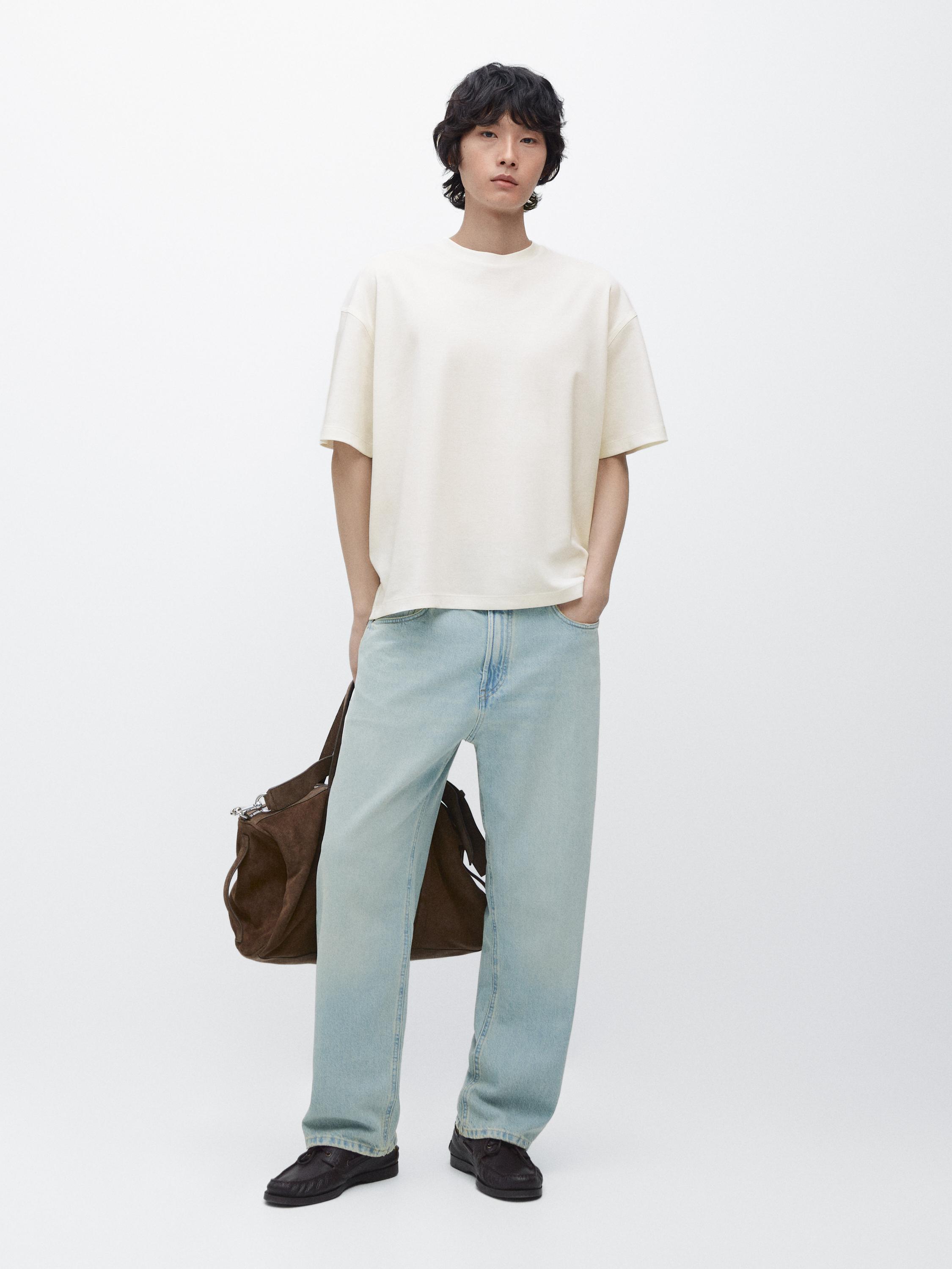 Boxy fit short sleeve cotton blend T-shirt — CREAM