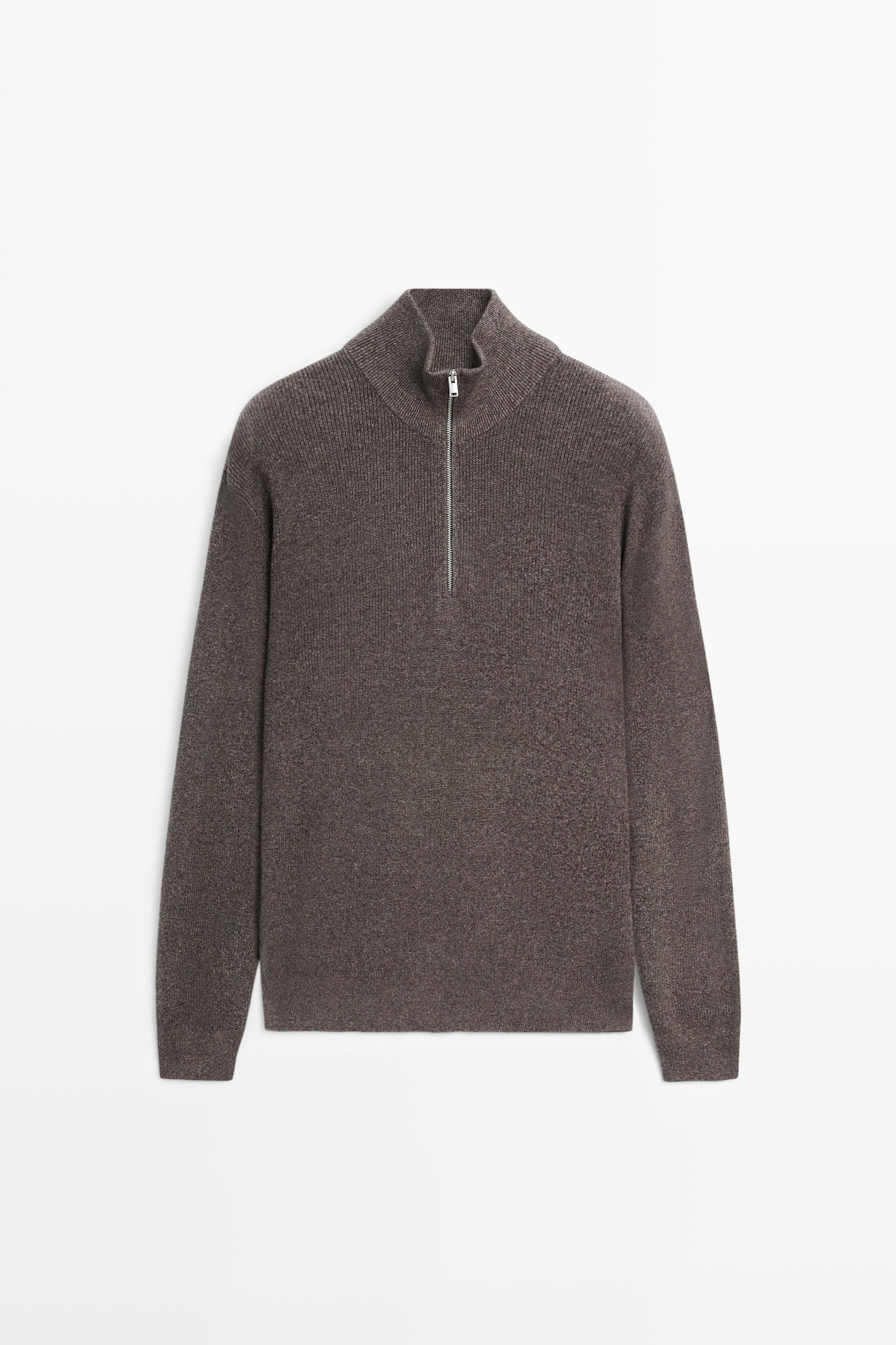 Massimo Dutti Mock Neck Knit Sweater With Zip In Brown
