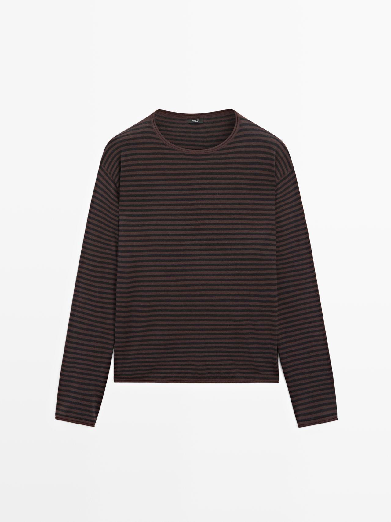 Massimo Dutti - Dame - Stribet Trøje I Bomuldsblanding - Brun - S