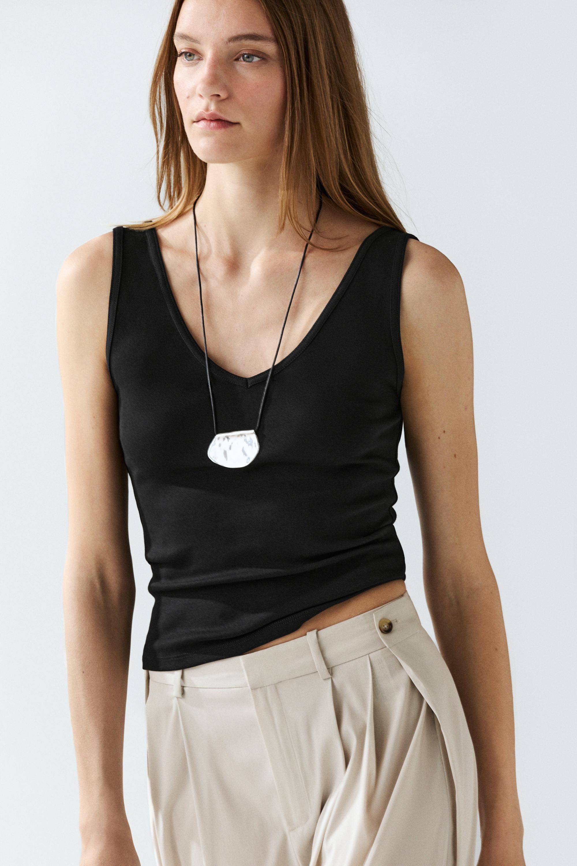 Cotton blend strappy top — BLACK