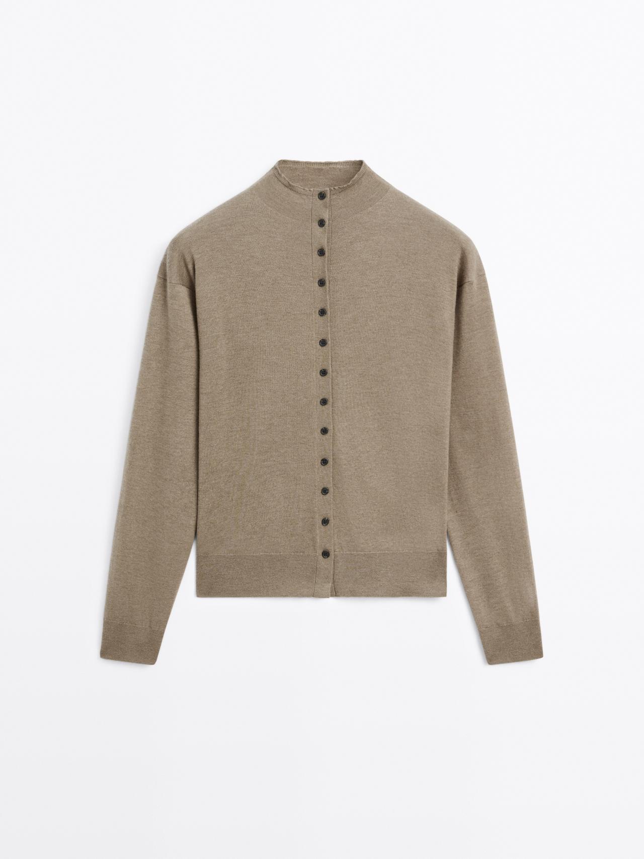 Massimo Dutti - Dame - Strikket Cardigan Med Høj Hals - Grøn - L