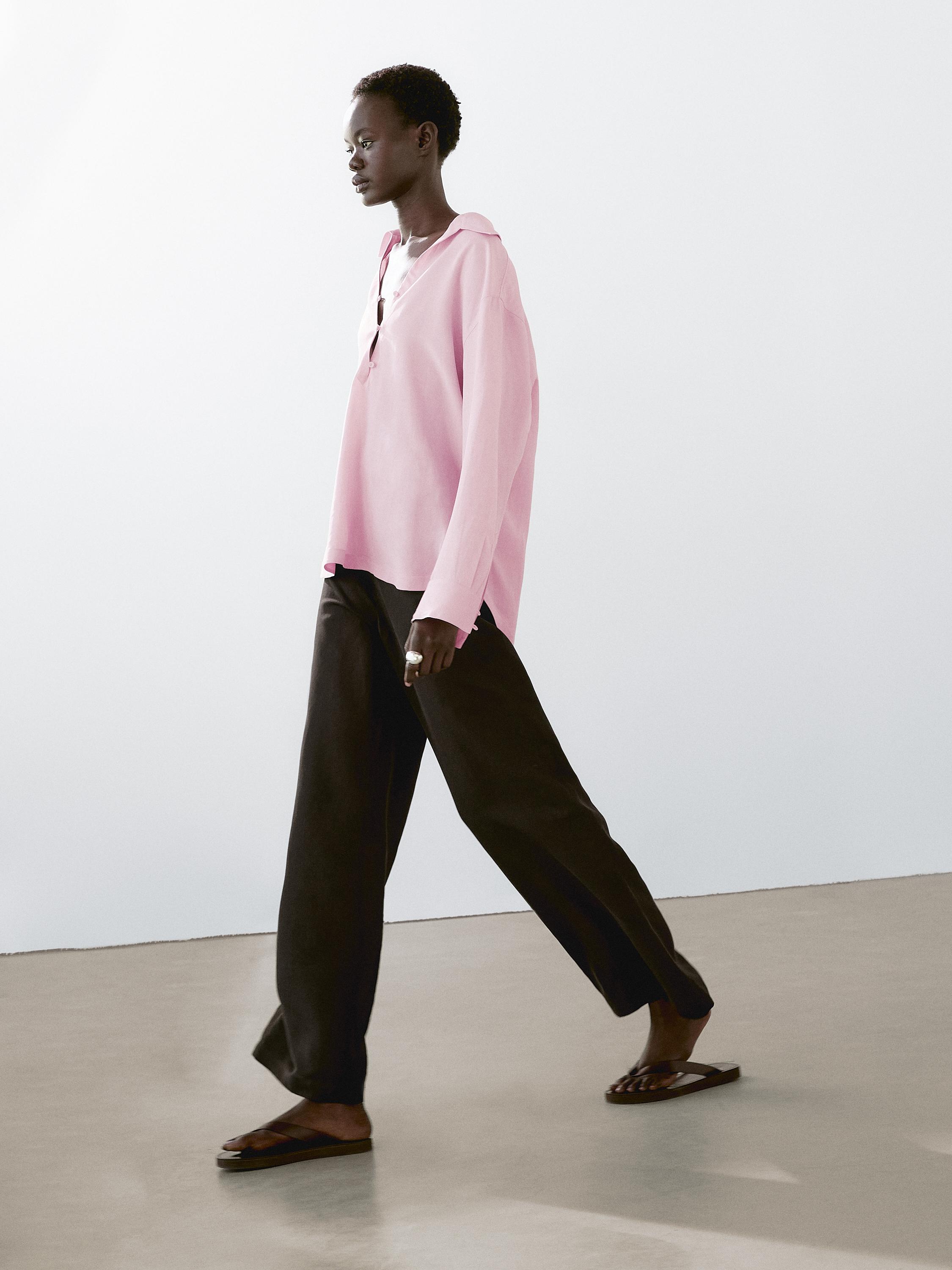 Linen blend trousers with elastic waistband · Chocolate