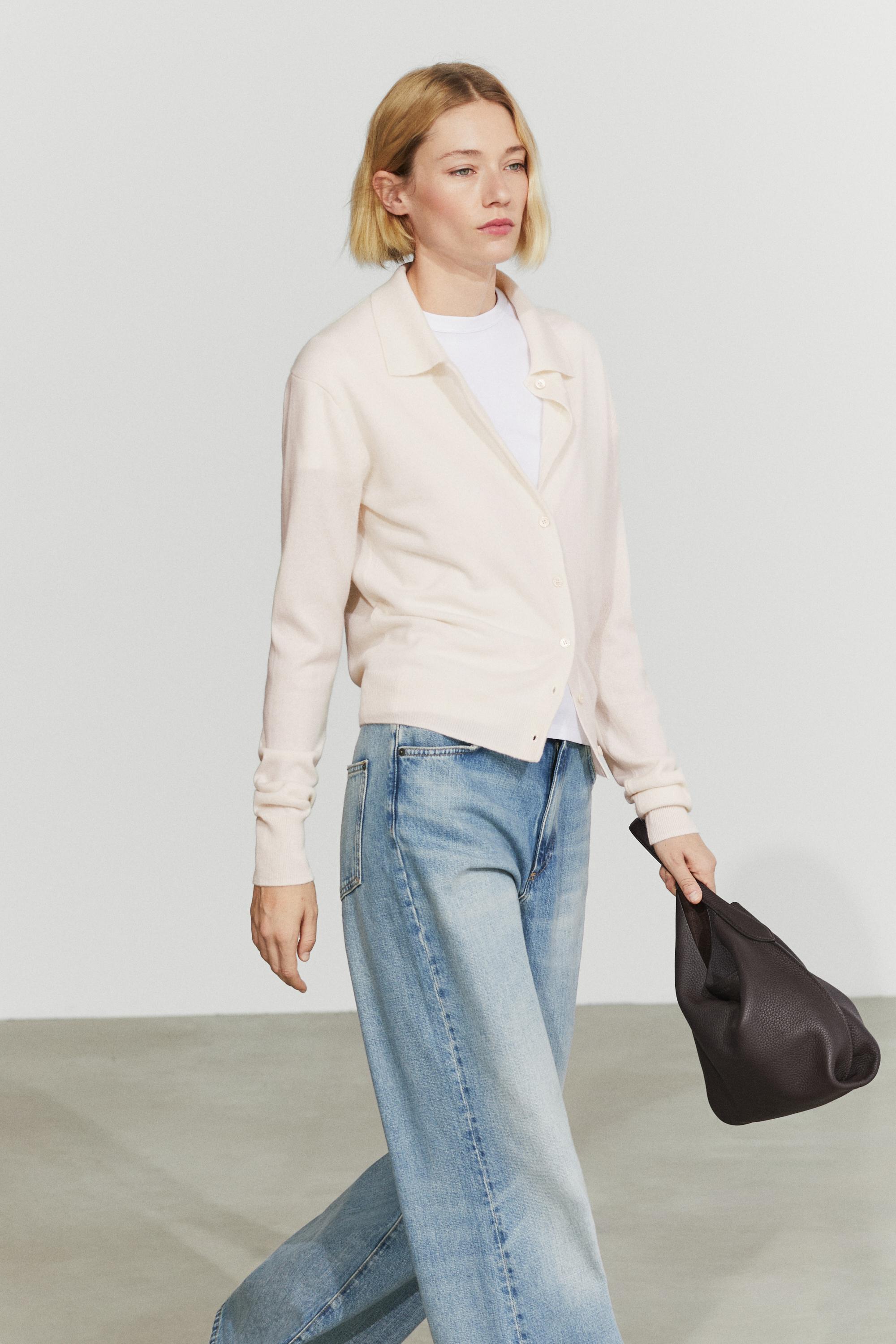 100% cashmere knit polo collar cardigan