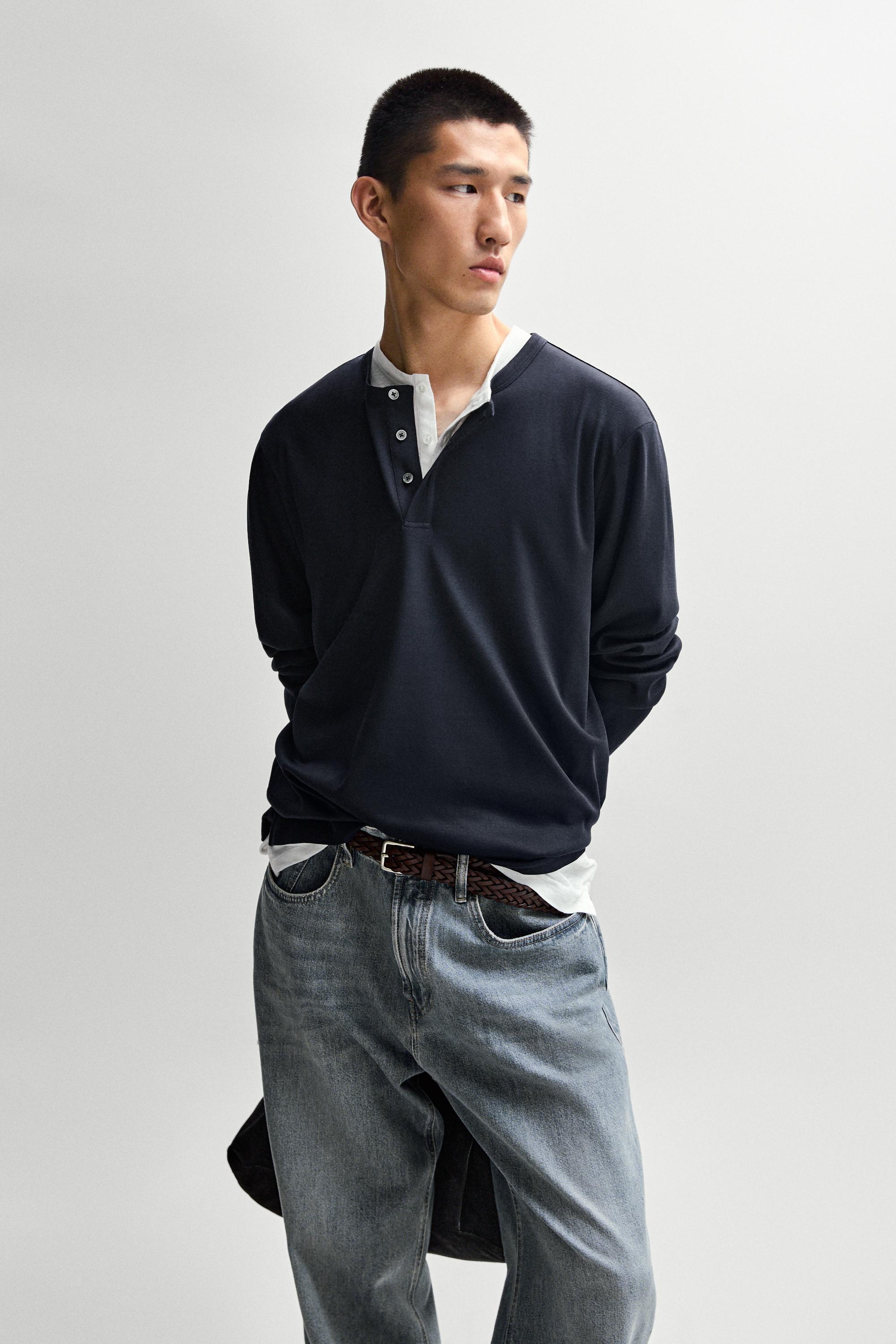 100% cotton long sleeve henley T-shirt — NAVY BLUE