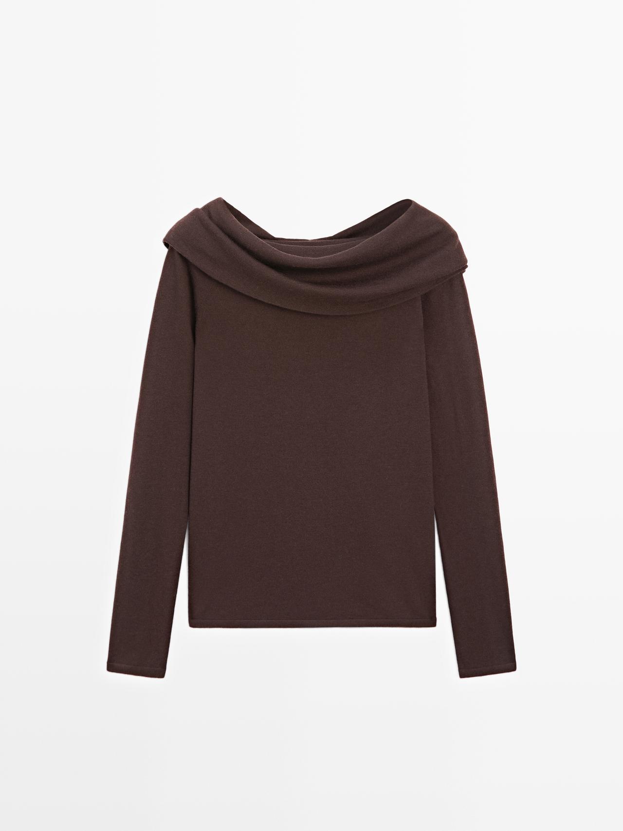 Massimo Dutti - Dame - Striktrøje I Uldblanding Med Bare Skuldre - Blomme - M