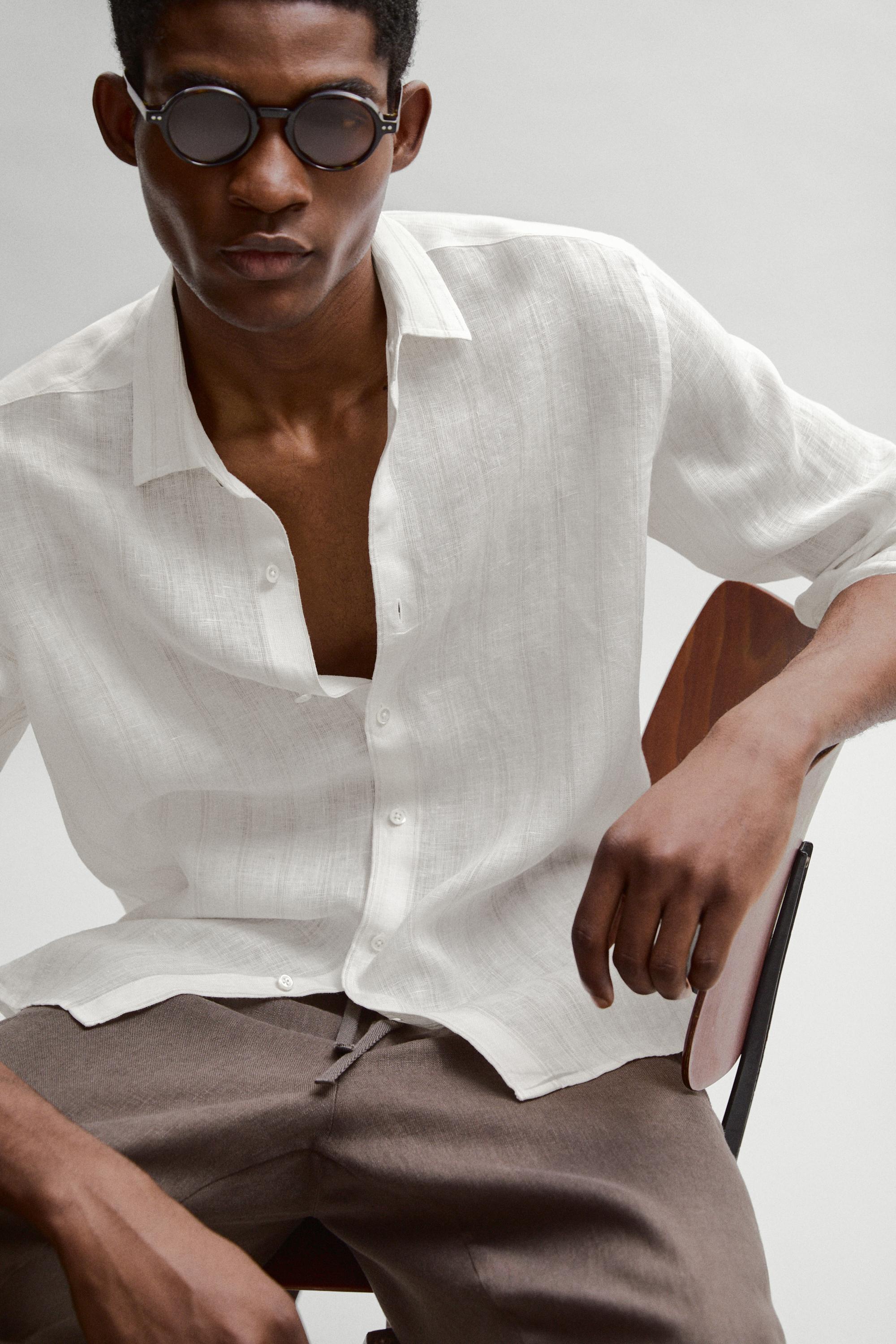 100% linen regular fit striped shirt — BEIGE