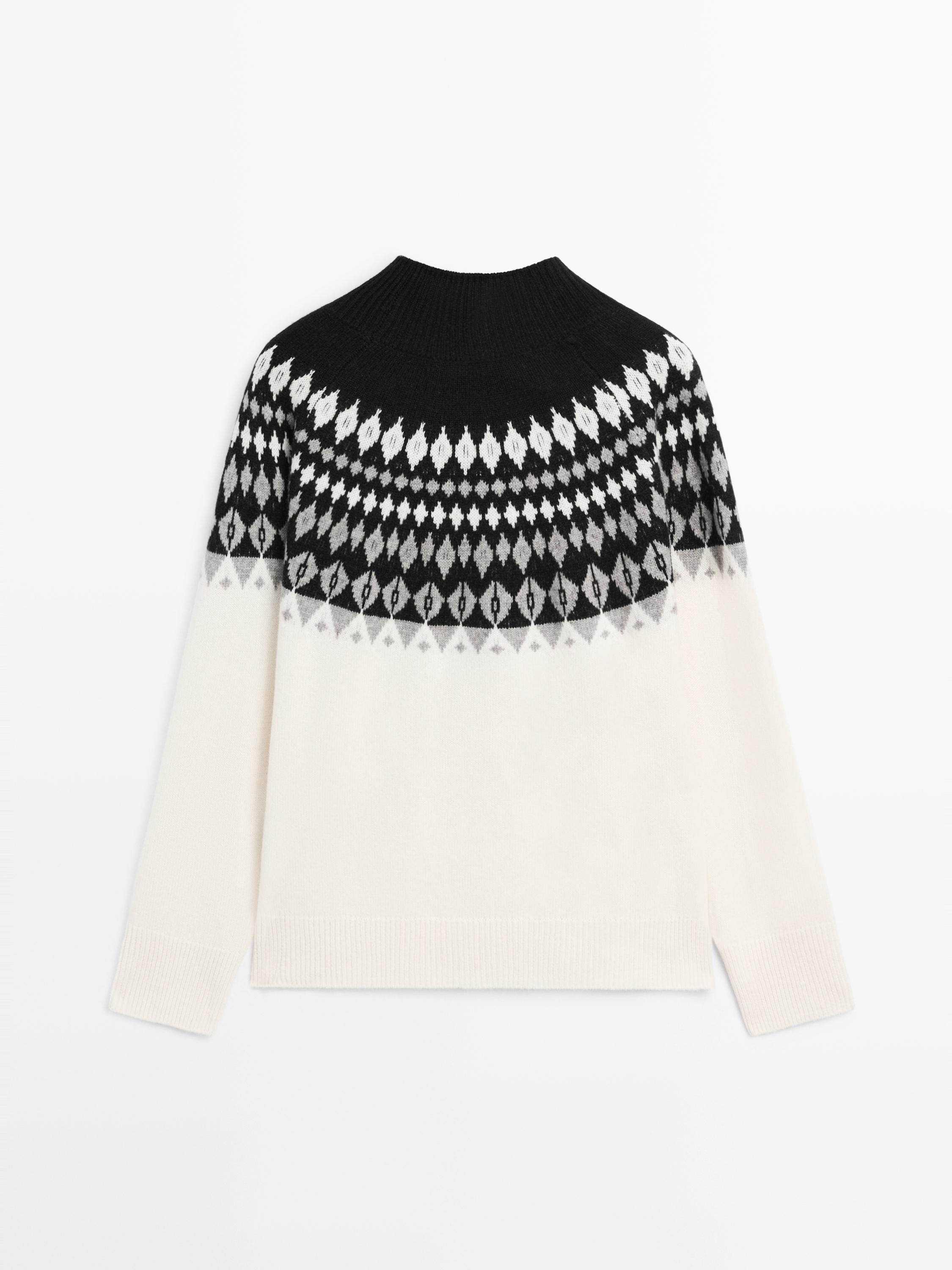 Wool blend jacquard knit sweater · Cream · Sweaters | Massimo Dutti