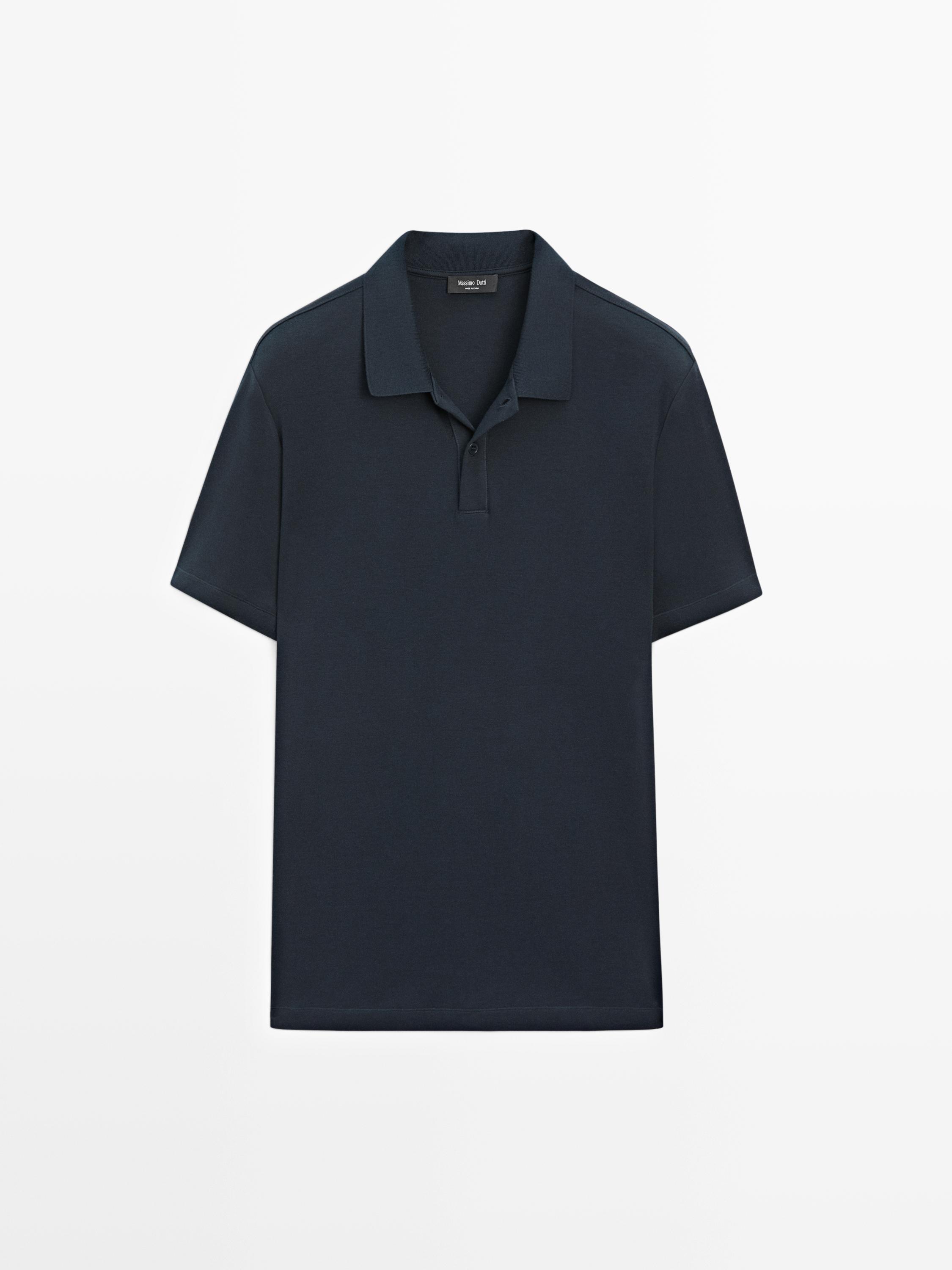 Front view of a navy blue short-sleeved polo shirt with a classic collar and two-button closure.